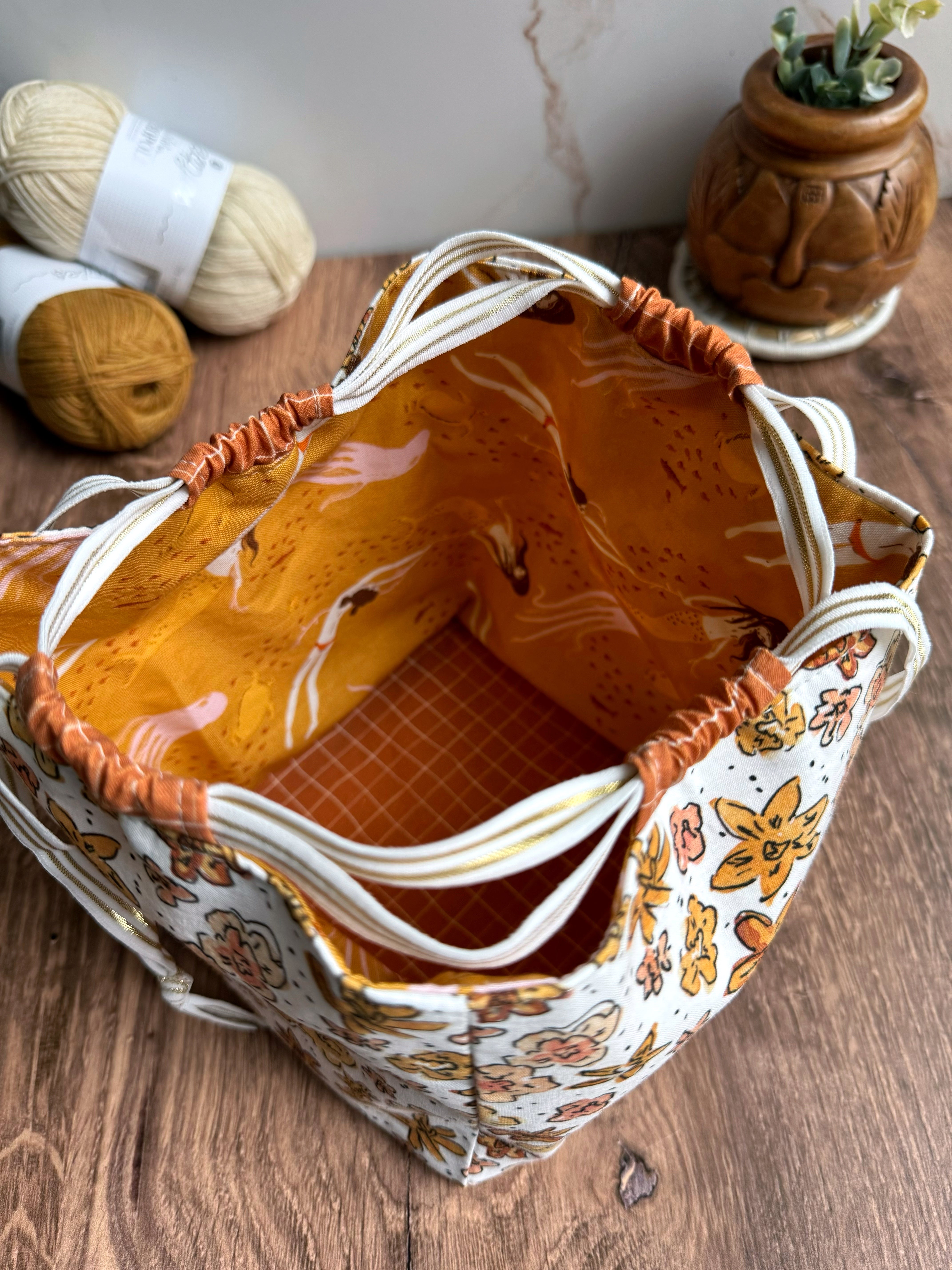 The Pat Pouch - Japanese Drawstring Bag in White and Orange Floral Cotton - KrisChris