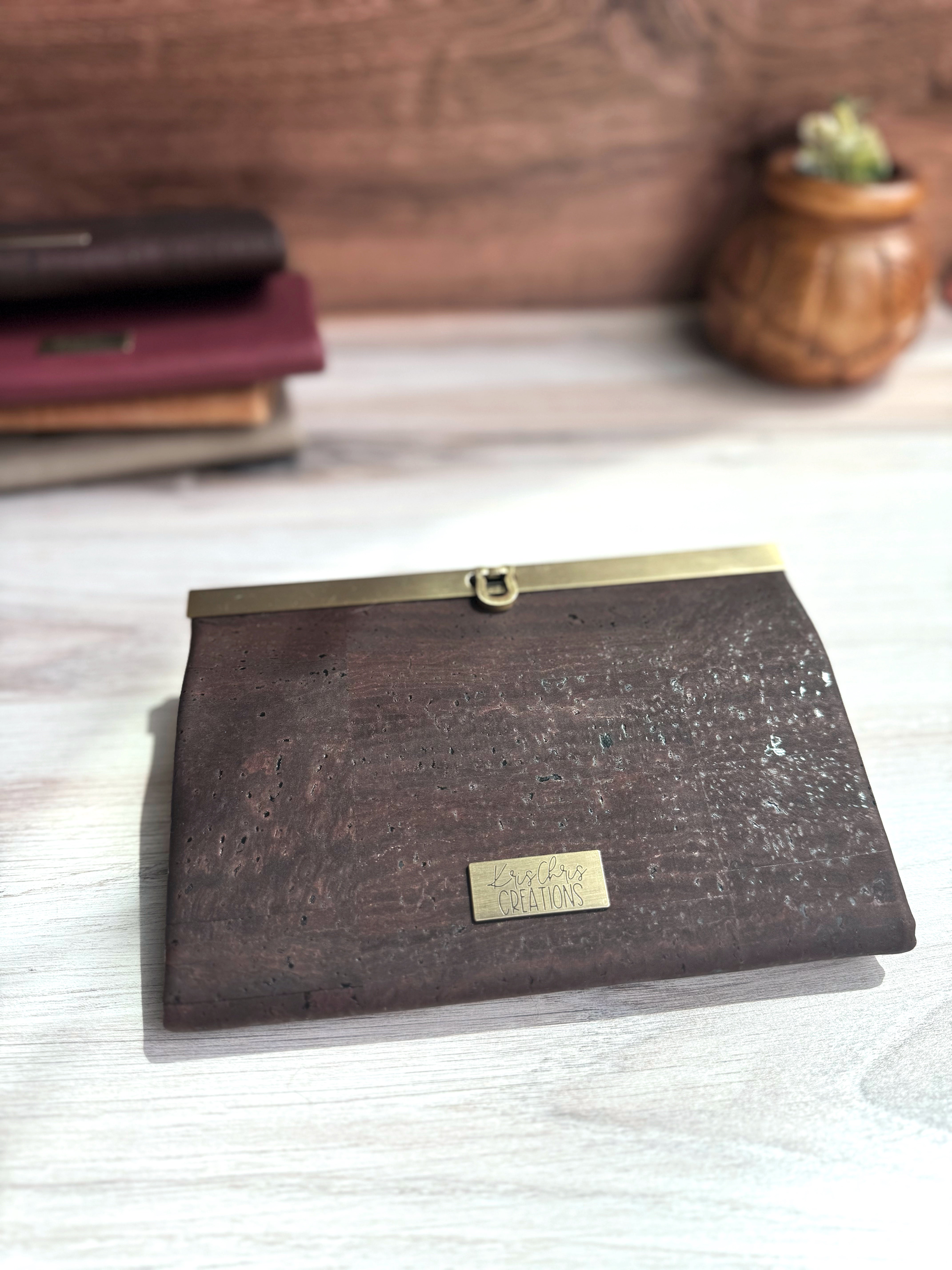 Brown cork accordion wallet, sleek and compact with lots of storage. Brass closure at top and KrisChris brass label.