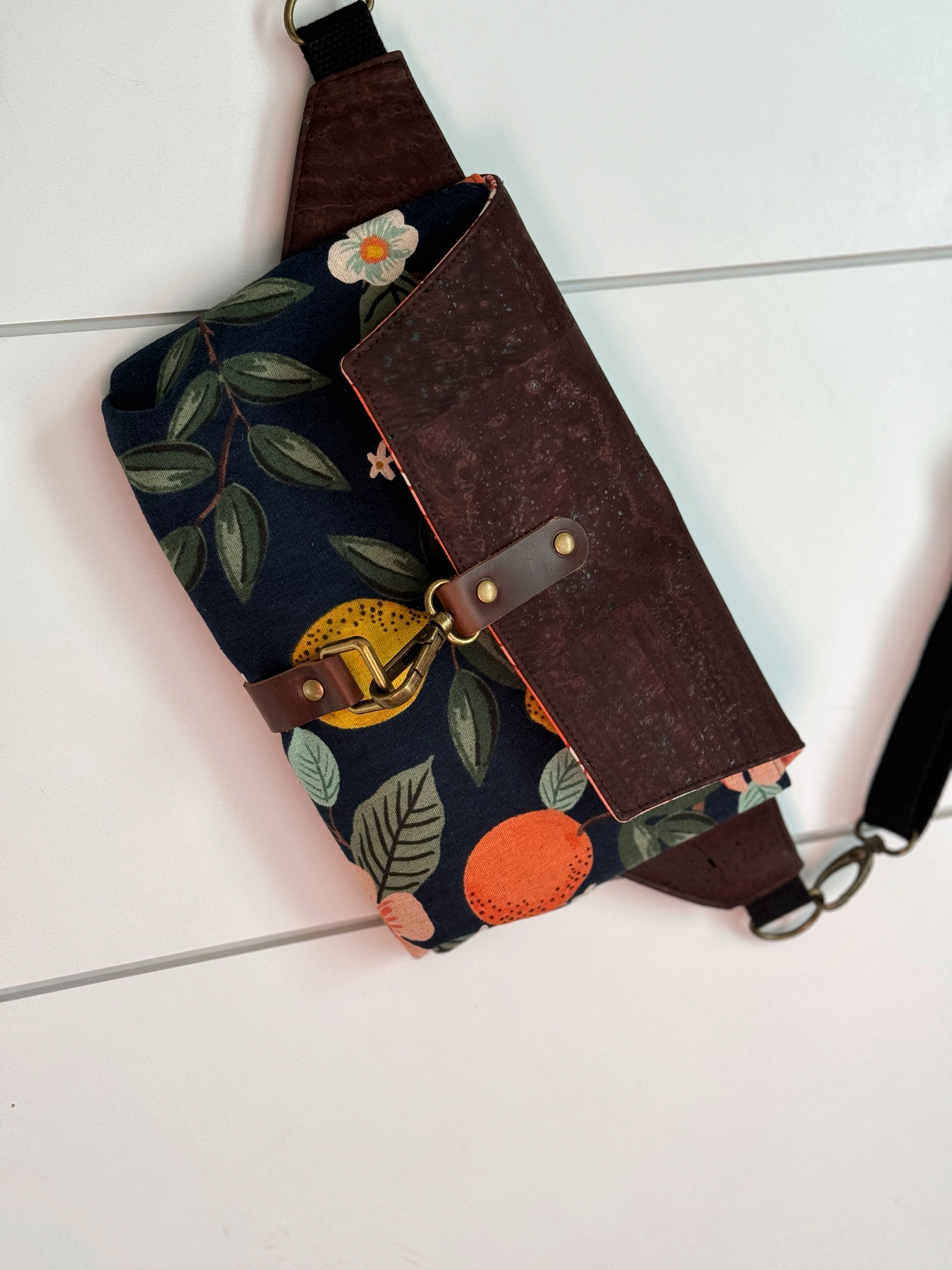 The Jenn - Adjustable Crossbody Belt Bag in Brown Cork and Citrus Florals - KrisChris