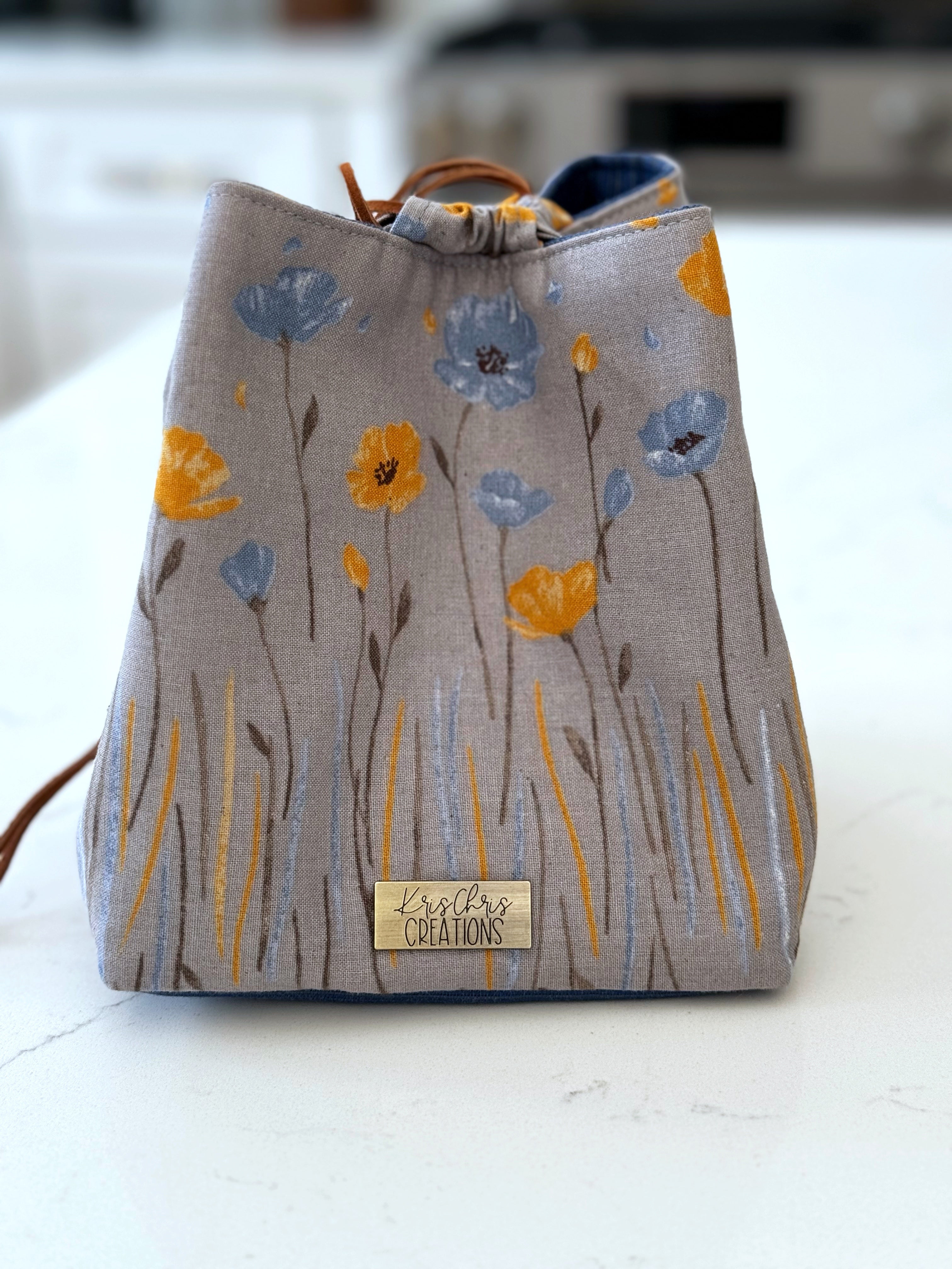The Pat Pouch - Drawstring Bag in Japanese Linen - Blue and Yellow Poppies - KrisChris