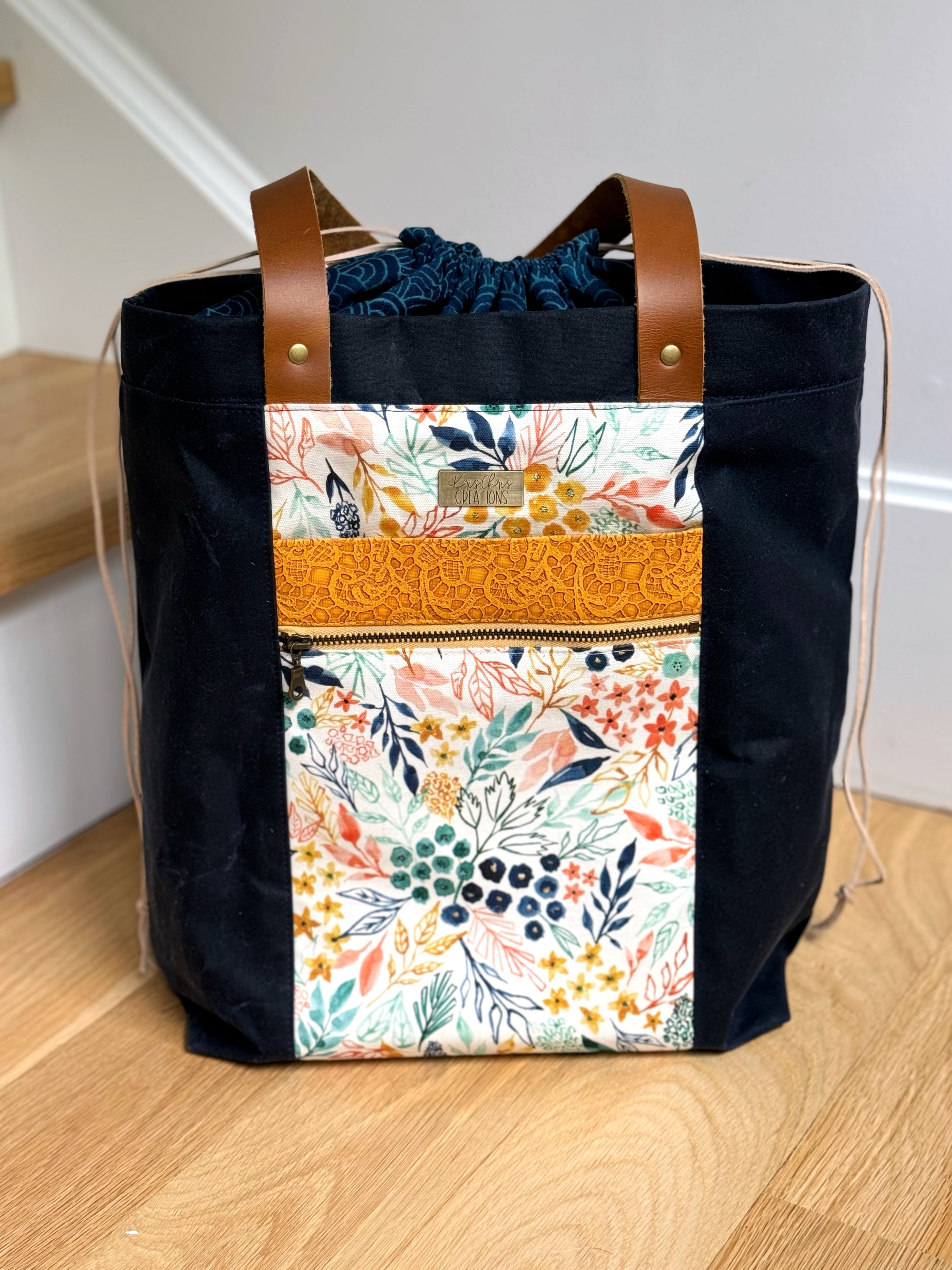 The Kristen - Project Tote Bag in Navy Waxed Canvas and Colorful Floral Fabric - KrisChris