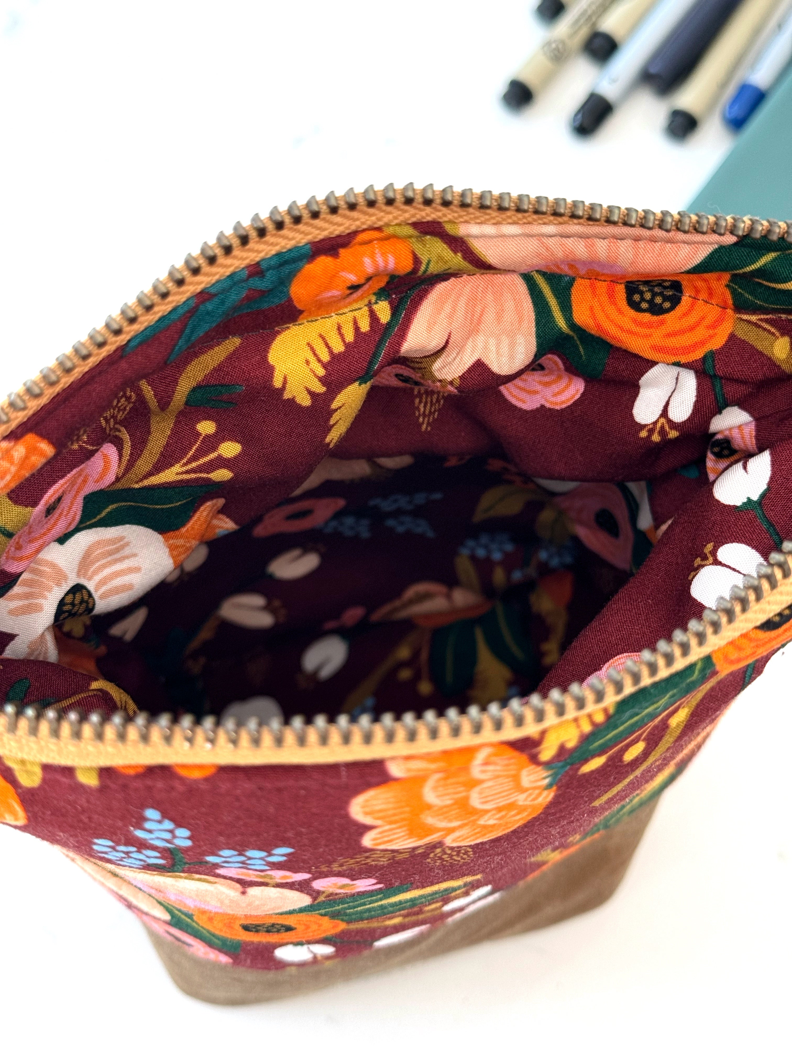 The Kate - Zipper Art Supply Pouch in Dark Warm Florals and Brown Waxed Canvas - KrisChris