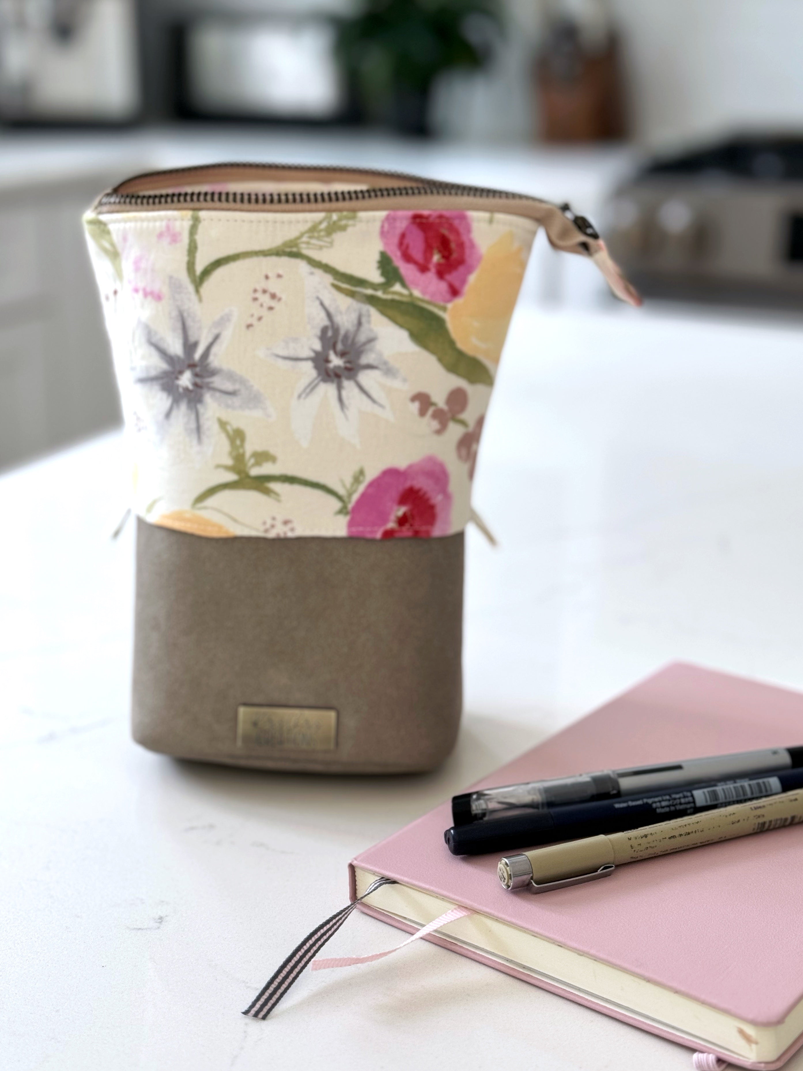The Kate - Zipper Art Supply Pouch in Beige Vegan Leather and Japanese Watercolor Florals - KrisChris