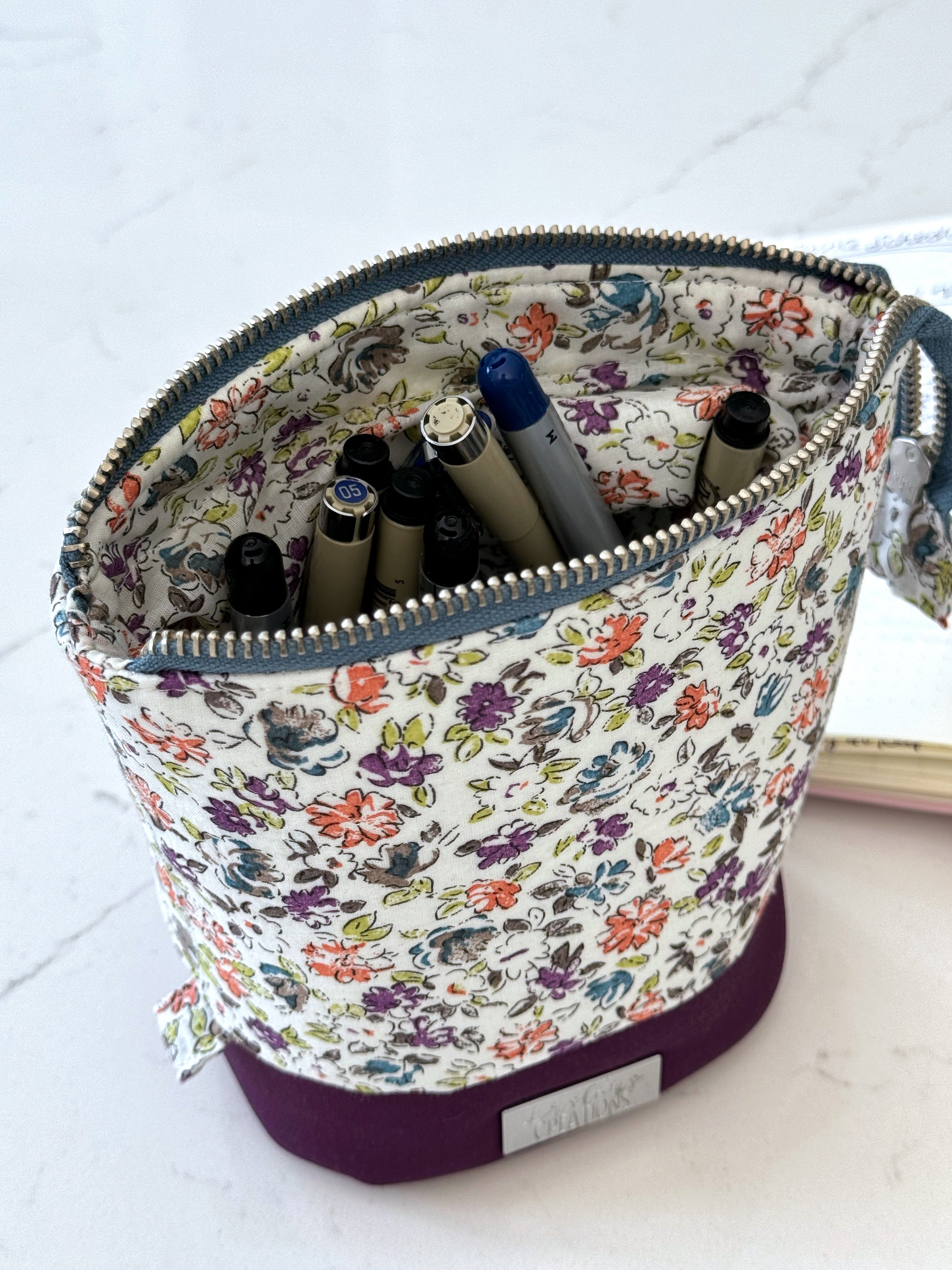 The Kate - Zipper Art Supply Pouch in Purple and White Florals - KrisChris