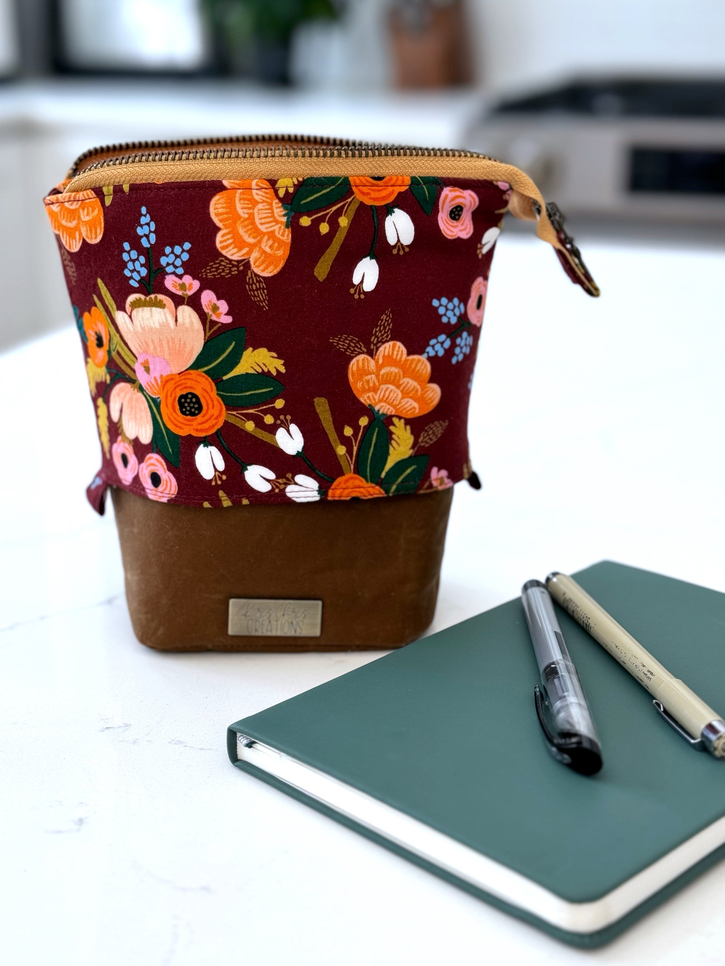The Kate - Zipper Art Supply Pouch in Dark Warm Florals and Brown Waxed Canvas - KrisChris