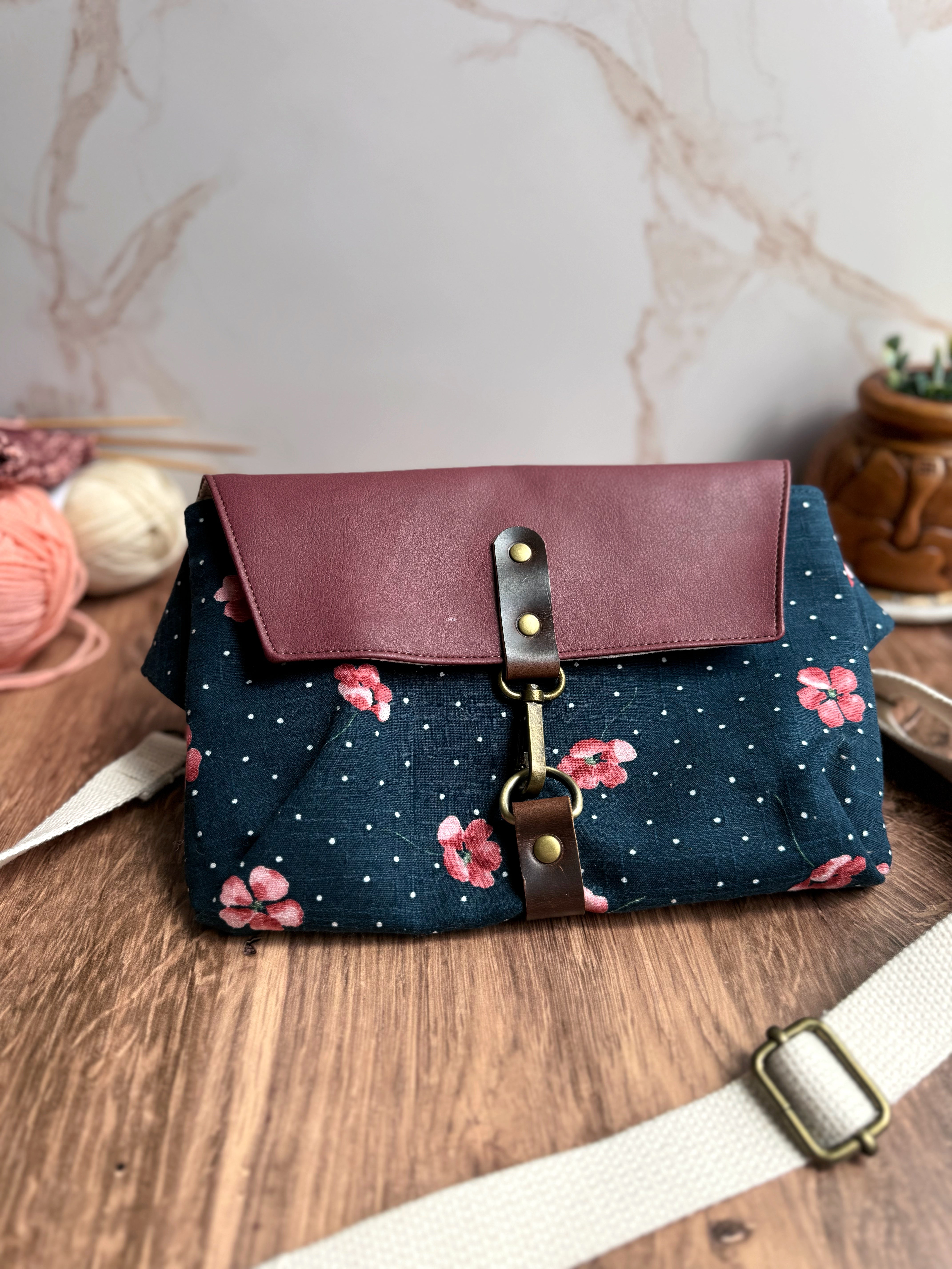 The Jenn - Adjustable Crossbody Belt Bag in Vegan Leather and Navy Dotted Nasturtium Fabric - KrisChris