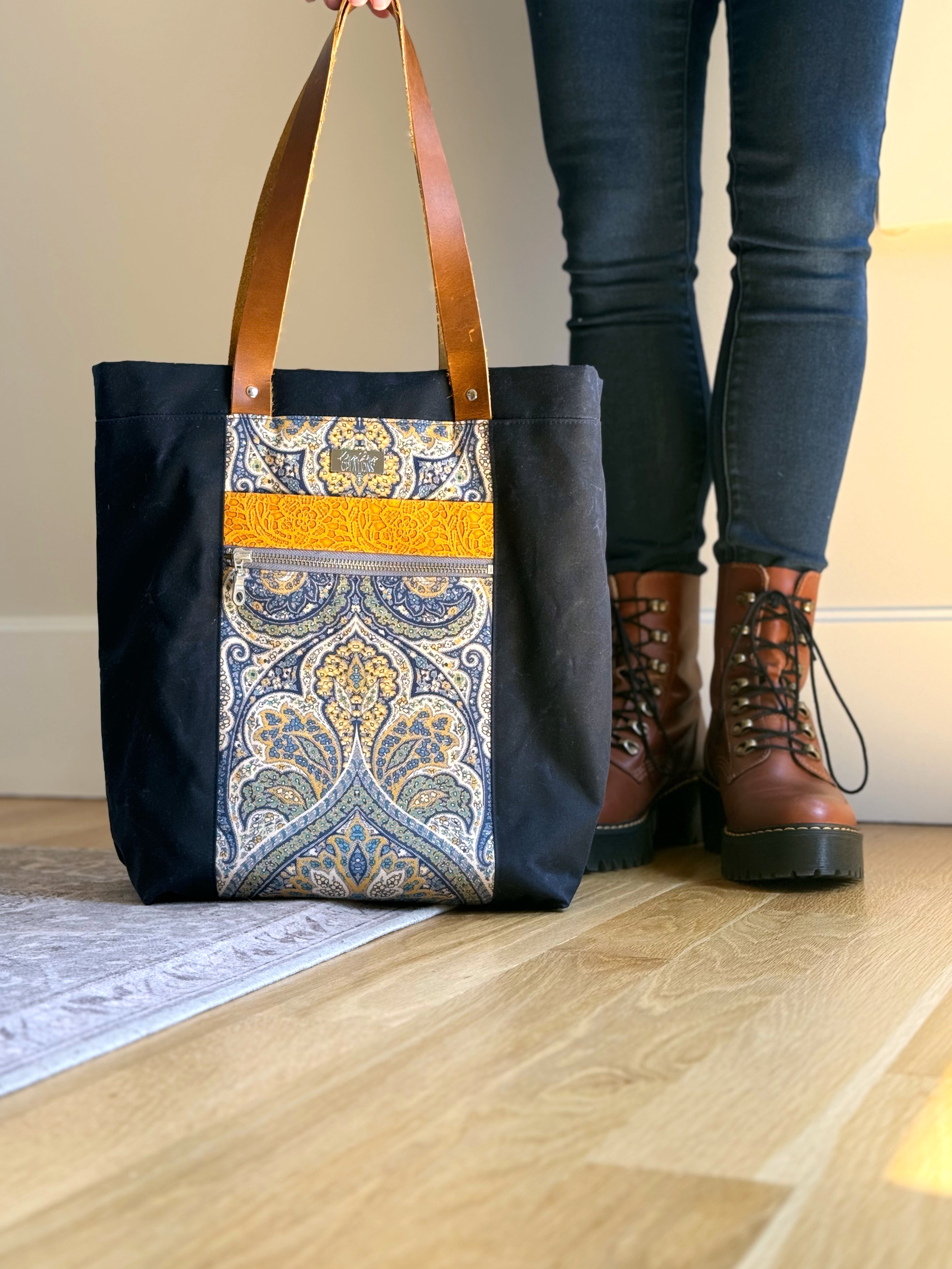 The Kristen - Project Tote Bag in Navy Waxed Canvas Paisley Sunbrella Fabric - KrisChris
