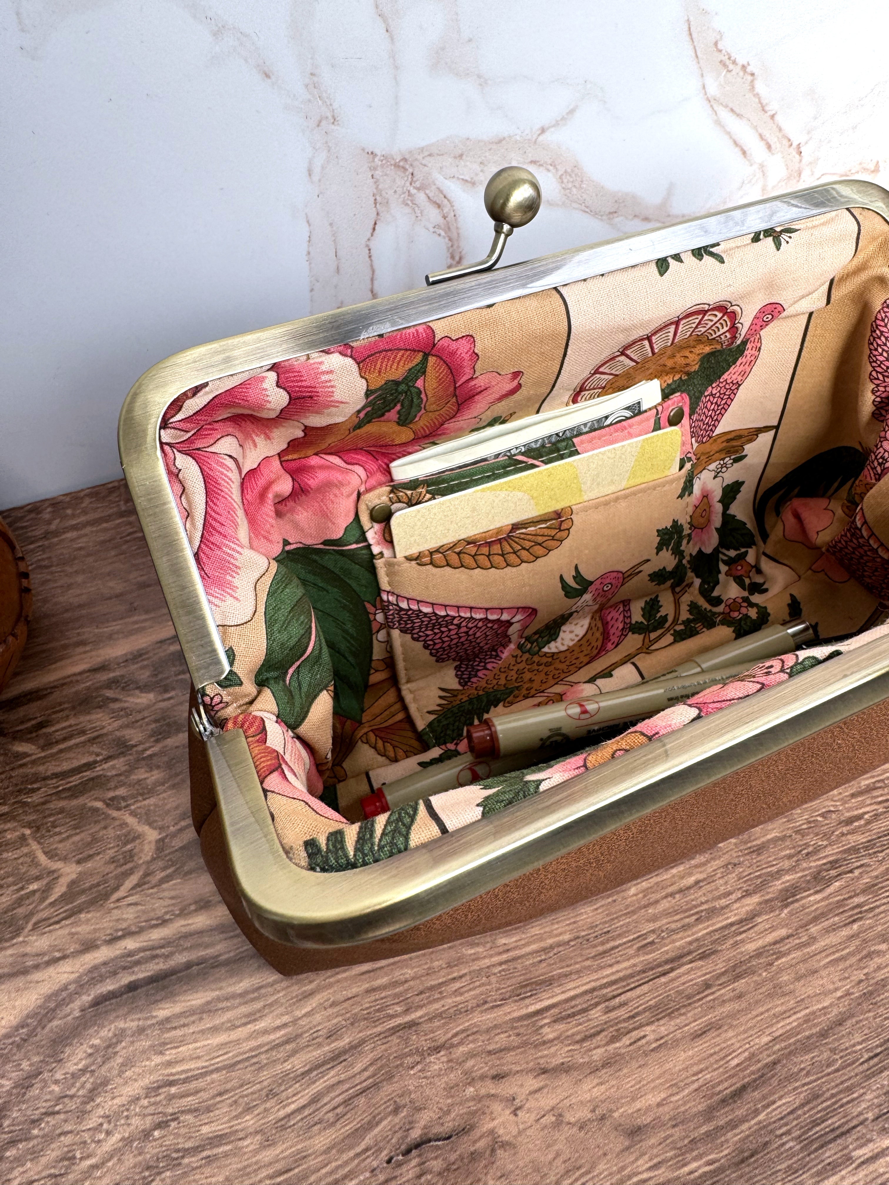 The Elise - Metal Frame Kisslock Clutch in Tan Vinyl (Vegan Leather) and Authentic Portuguese Lining - KrisChris