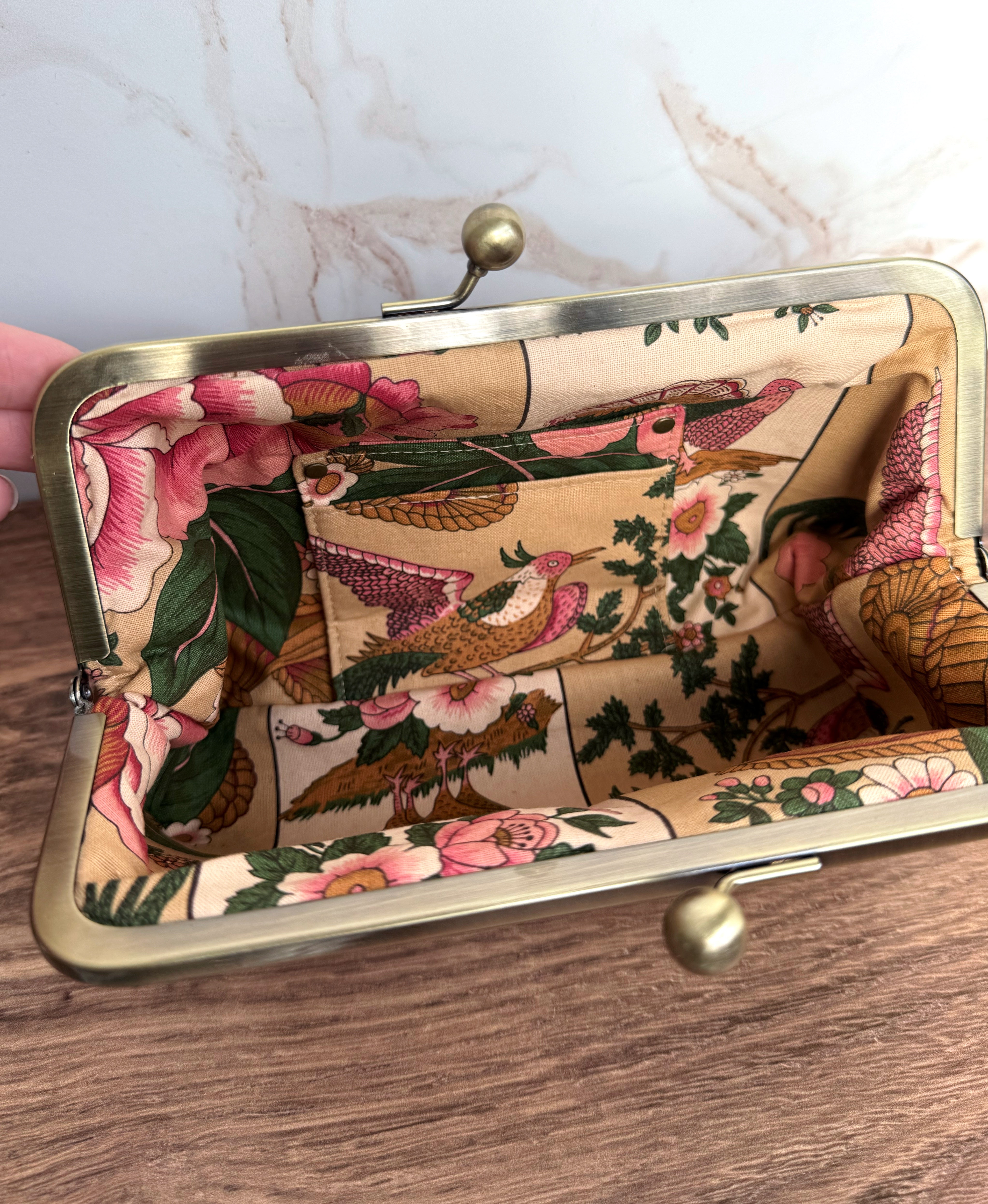 The Elise - Metal Frame Kisslock Clutch in Tan Vinyl (Vegan Leather) and Authentic Portuguese Lining - KrisChris