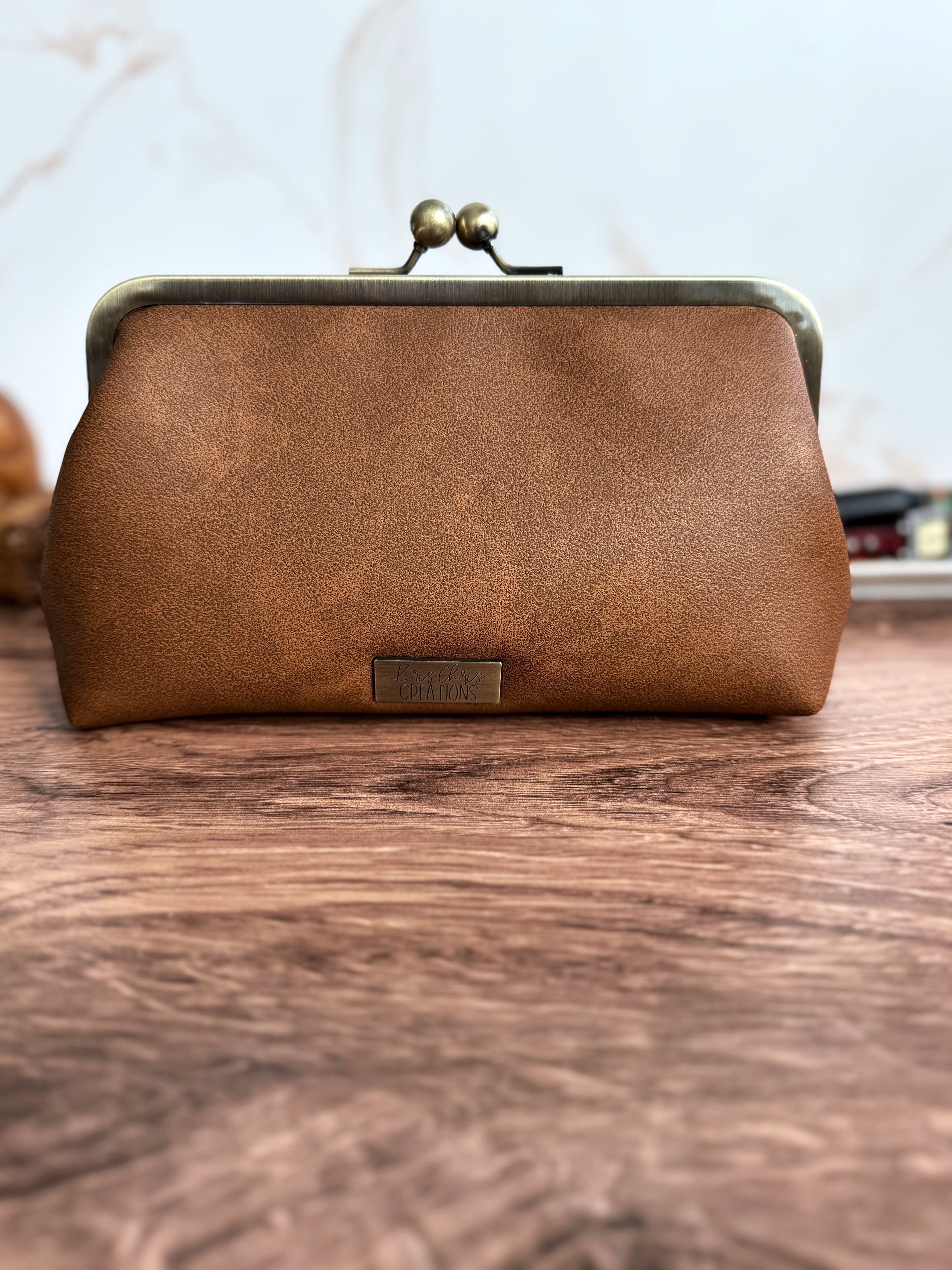 The Elise - Metal Frame Kisslock Clutch in Tan Vinyl (Vegan Leather) and Authentic Portuguese Lining - KrisChris