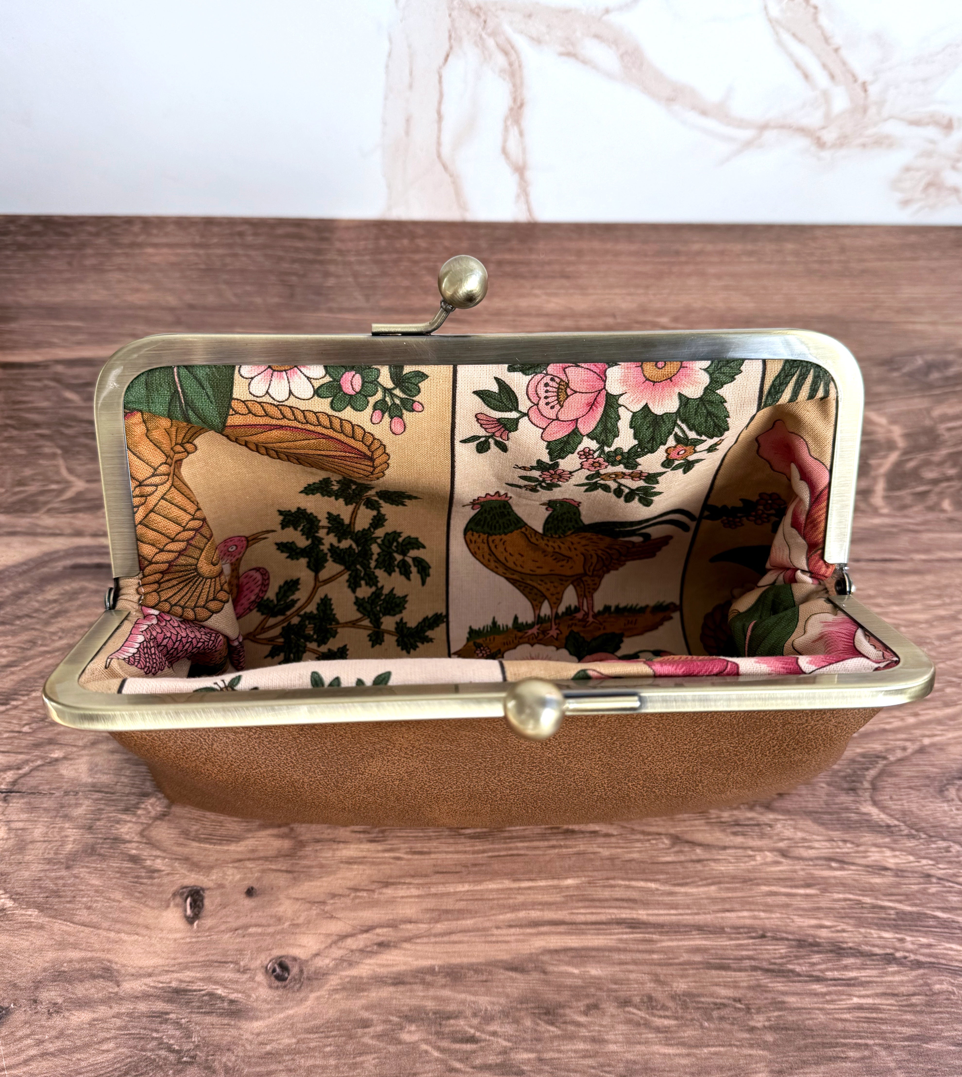 The Elise - Metal Frame Kisslock Clutch in Tan Vinyl (Vegan Leather) and Authentic Portuguese Lining - KrisChris