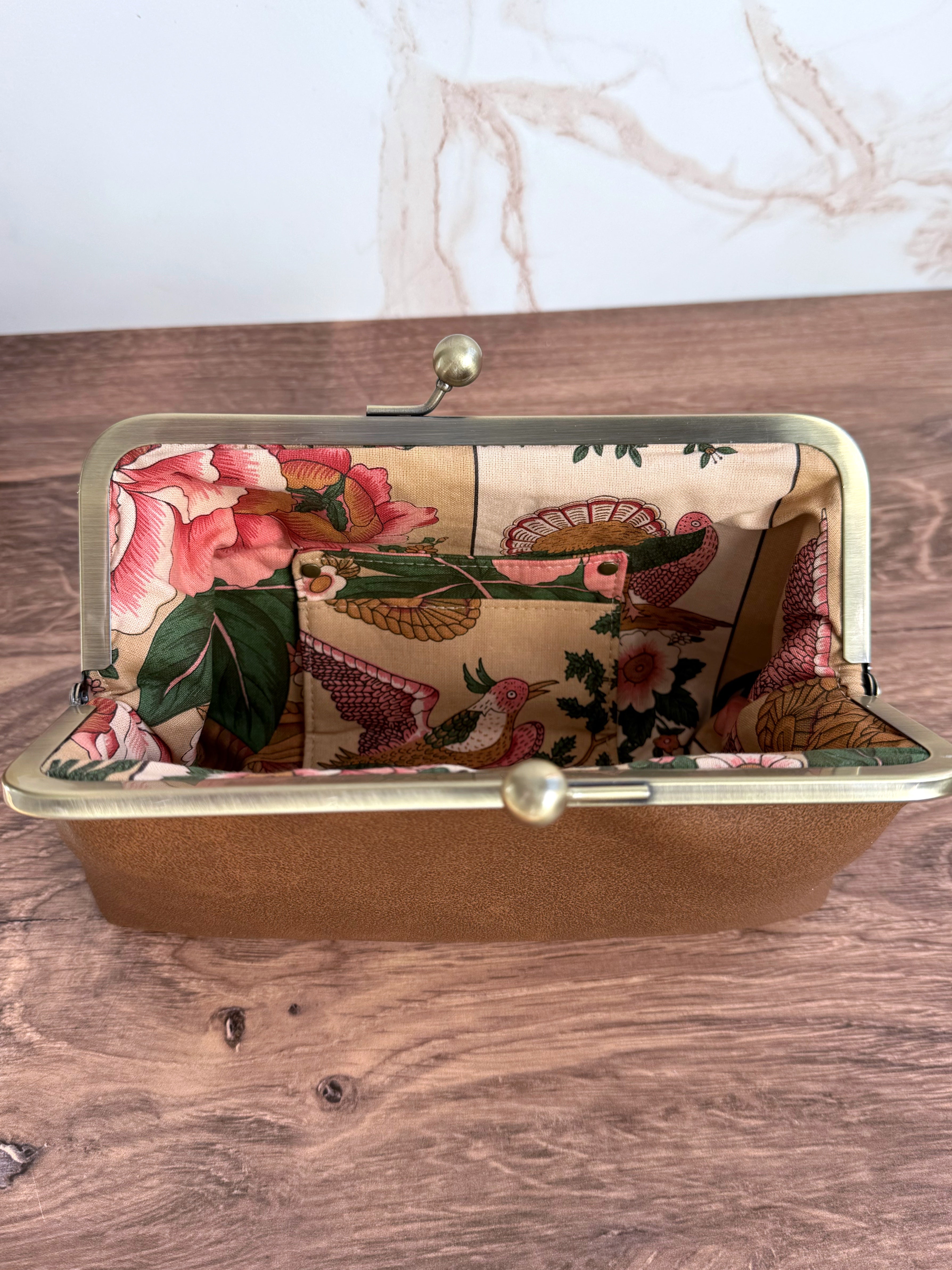 The Elise - Metal Frame Kisslock Clutch in Tan Vinyl (Vegan Leather) and Authentic Portuguese Lining - KrisChris