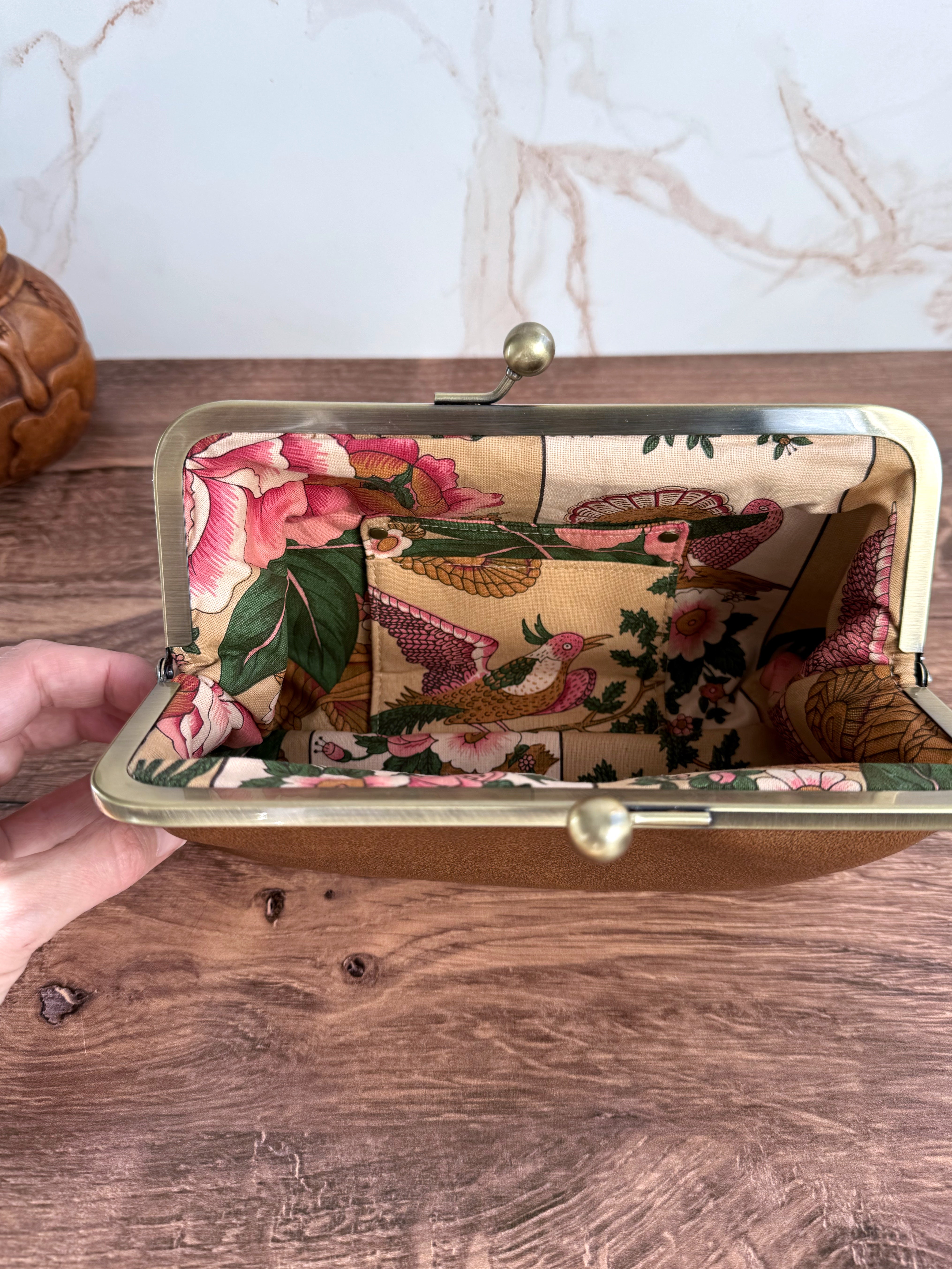 The Elise - Metal Frame Kisslock Clutch in Tan Vinyl (Vegan Leather) and Authentic Portuguese Lining - KrisChris