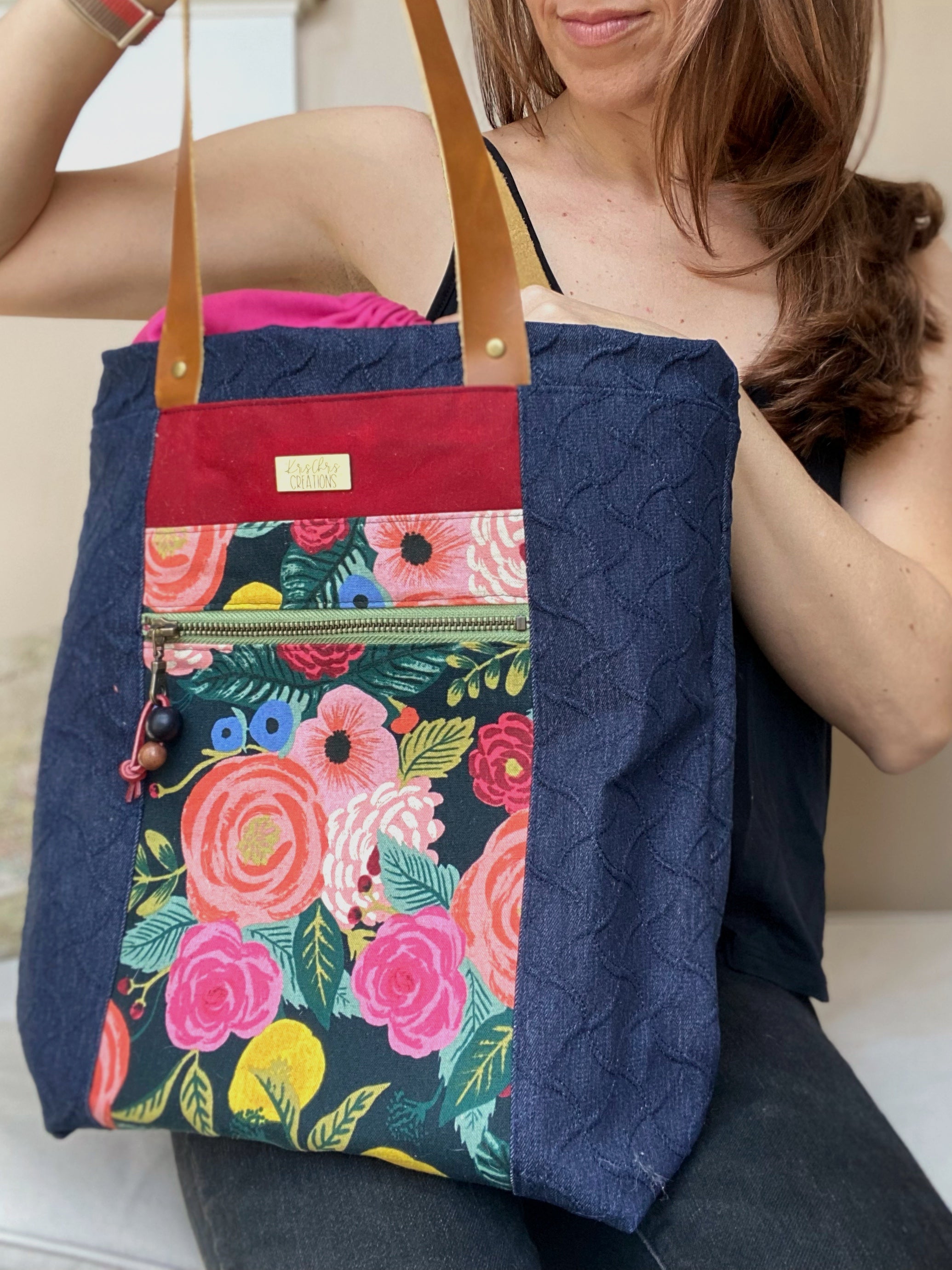 The Kristen - Project Tote Bag in Textured Denim and Bright Pink Floral Canvas - KrisChris