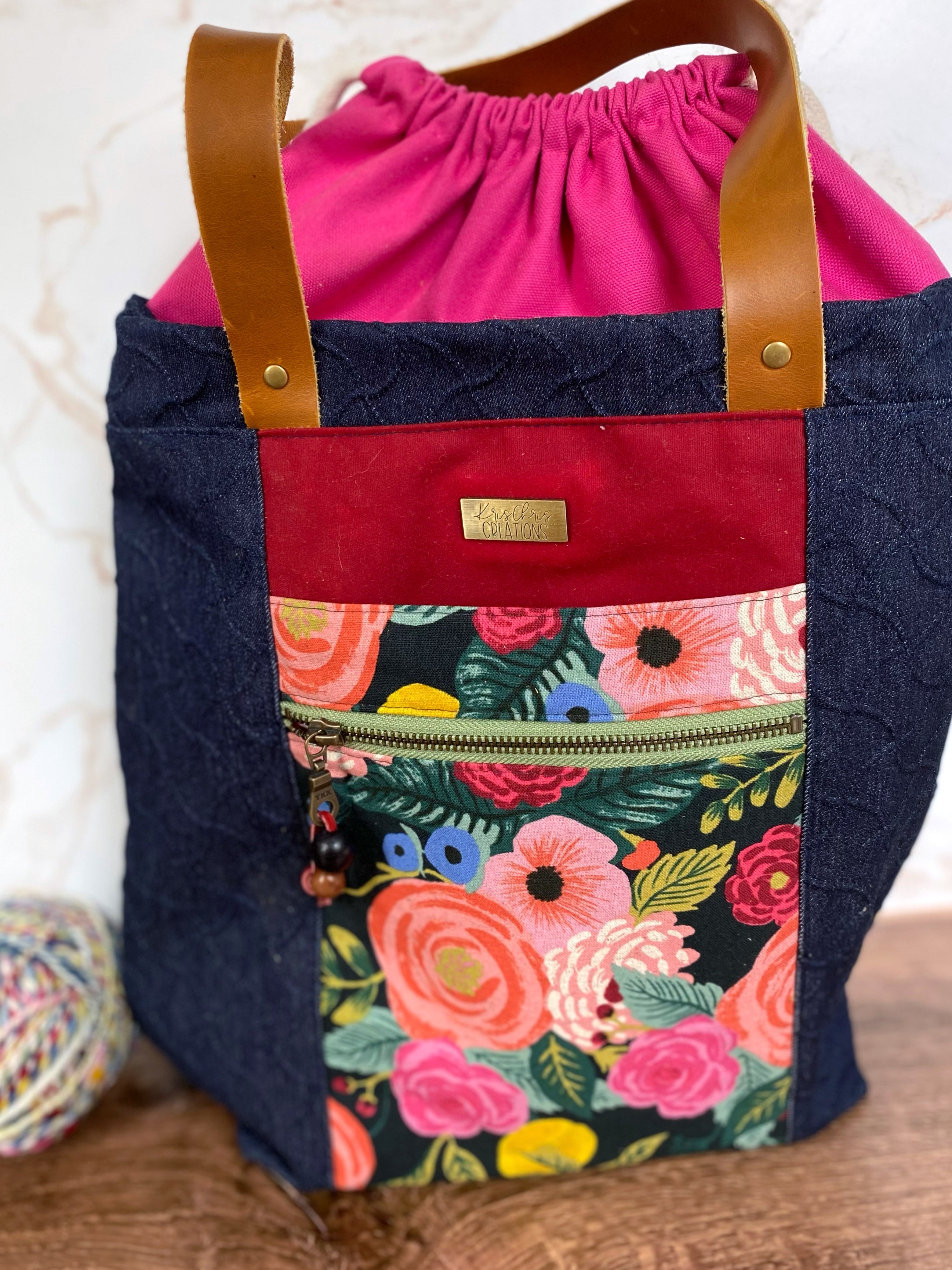 The Kristen - Project Tote Bag in Textured Denim and Bright Pink Floral Canvas - KrisChris