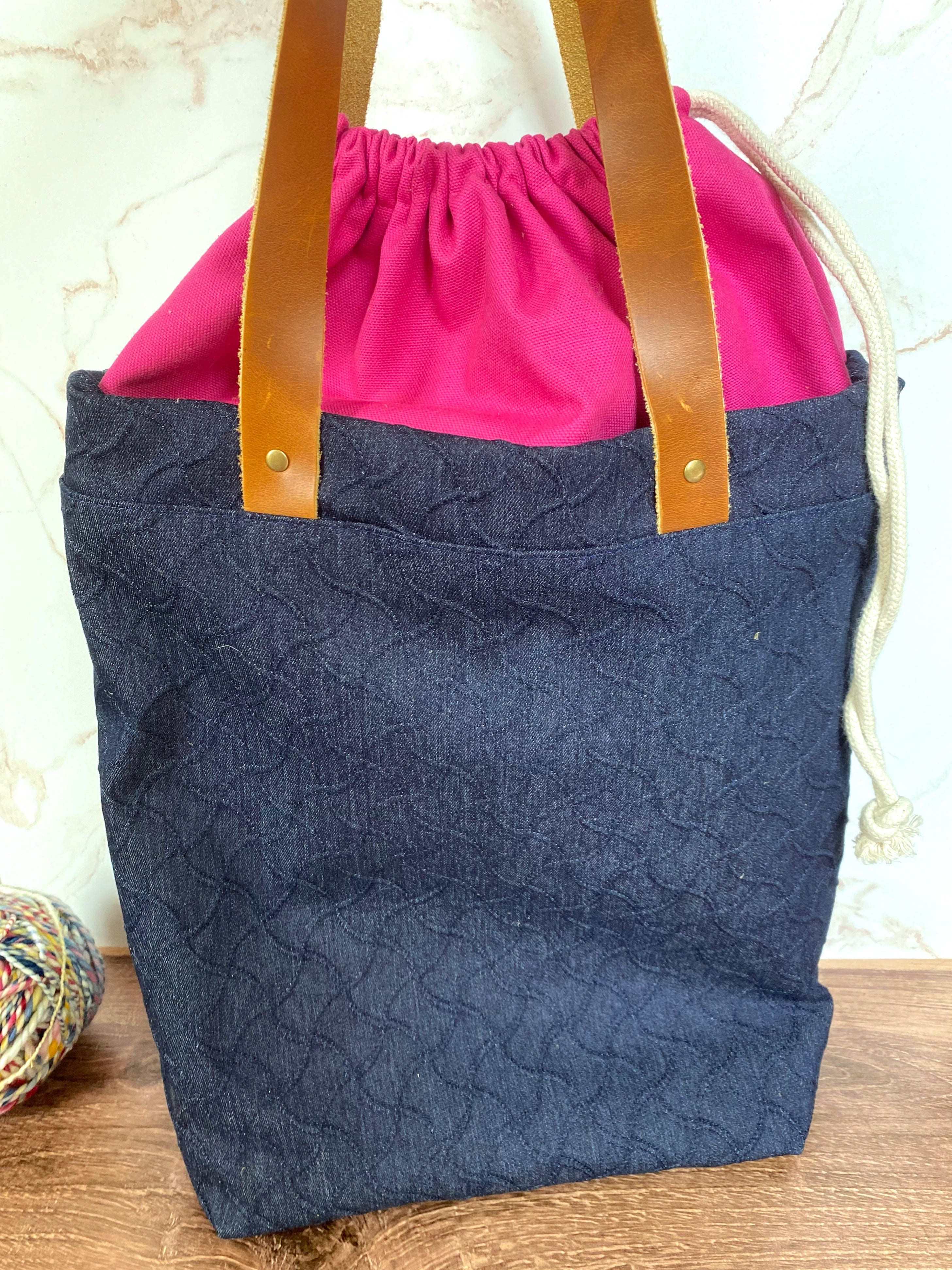 The Kristen - Project Tote Bag in Textured Denim and Bright Pink Floral Canvas - KrisChris