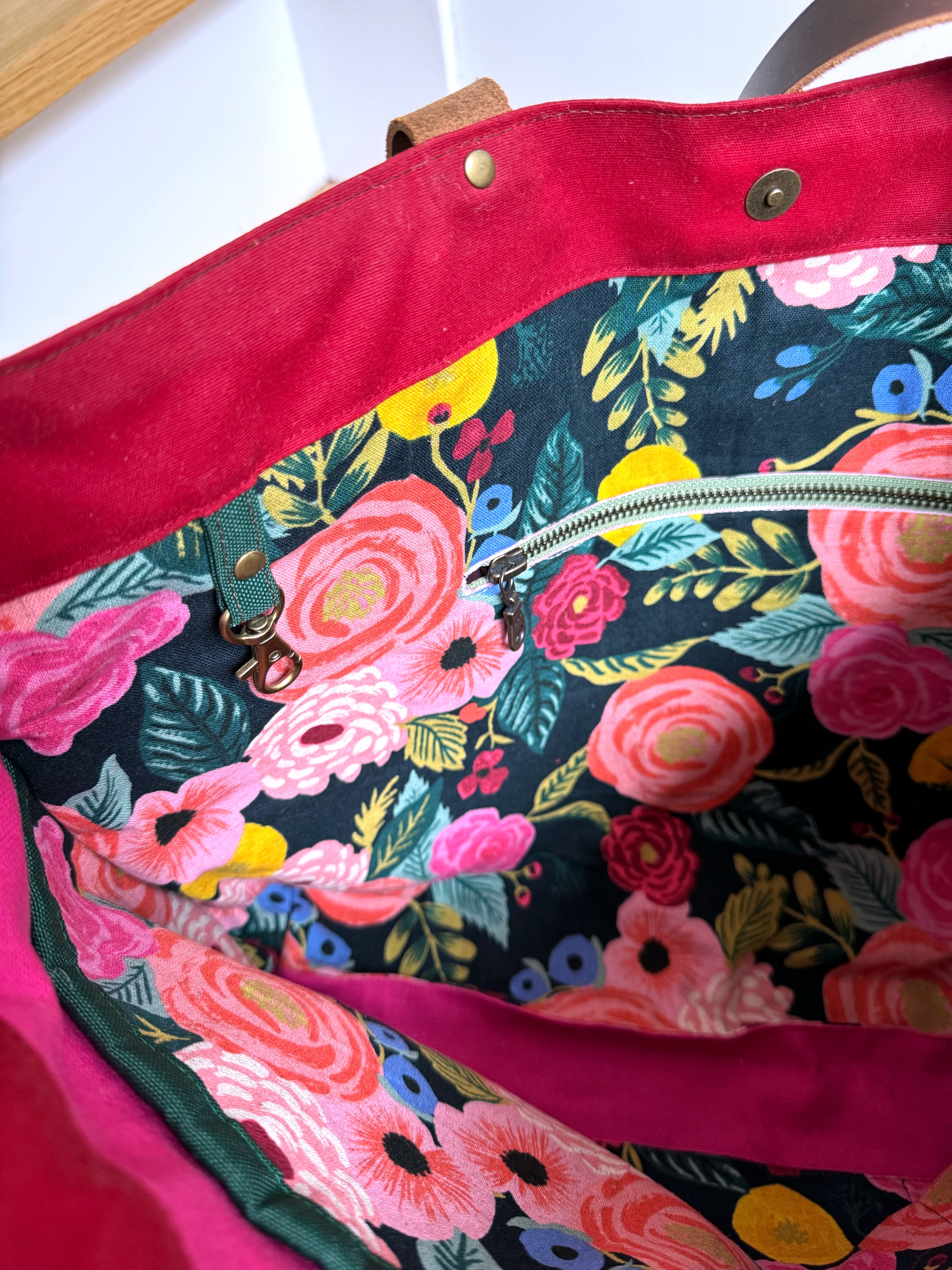The Jody - Everyday Tote Bag in Red Canvas with Colorful Floral Lining - KrisChris