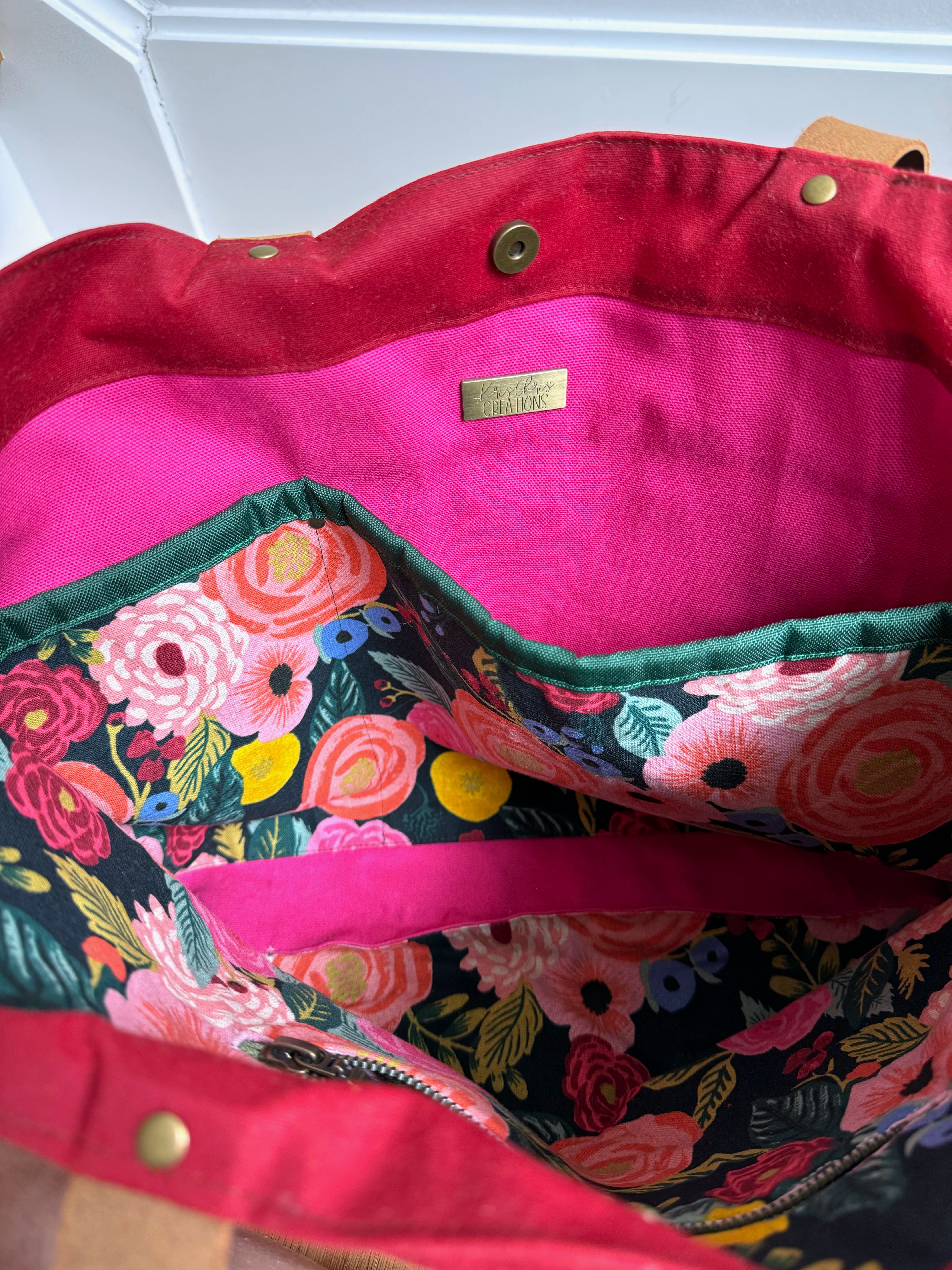 The Jody - Everyday Tote Bag in Red Canvas with Colorful Floral Lining - KrisChris