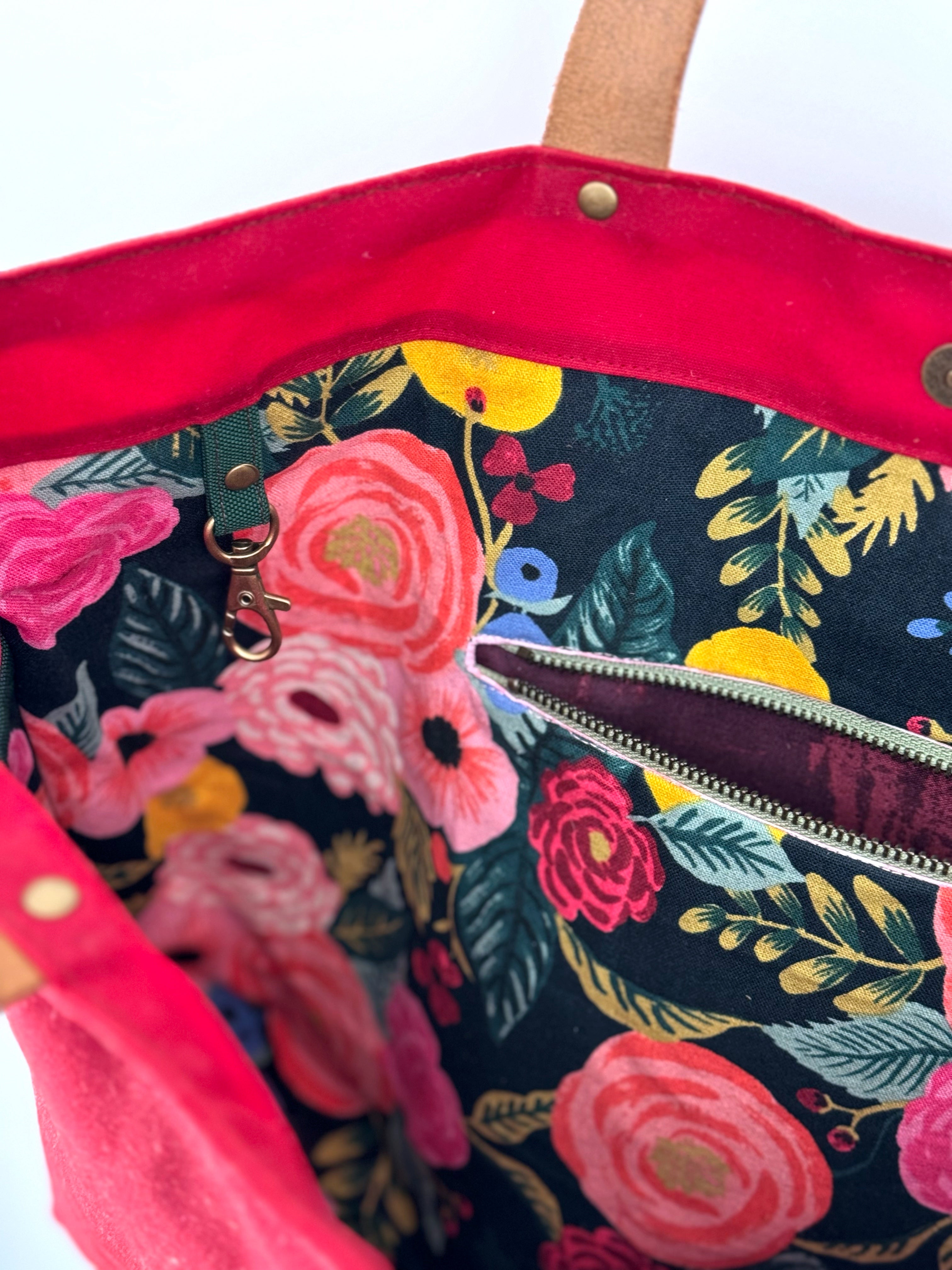 The Jody - Everyday Tote Bag in Red Canvas with Colorful Floral Lining - KrisChris