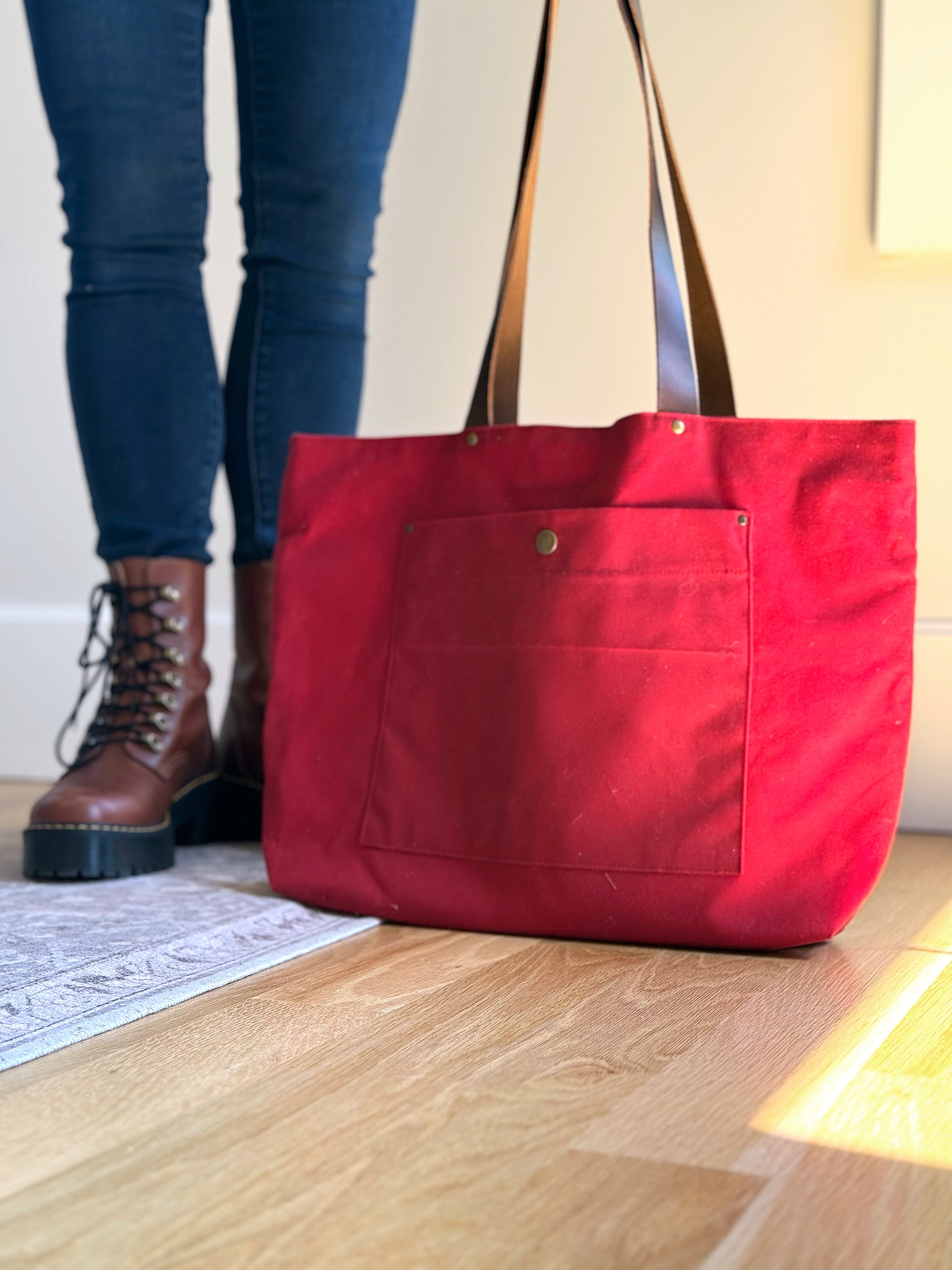 The Jody - Everyday Tote Bag in Red Canvas with Colorful Floral Lining - KrisChris