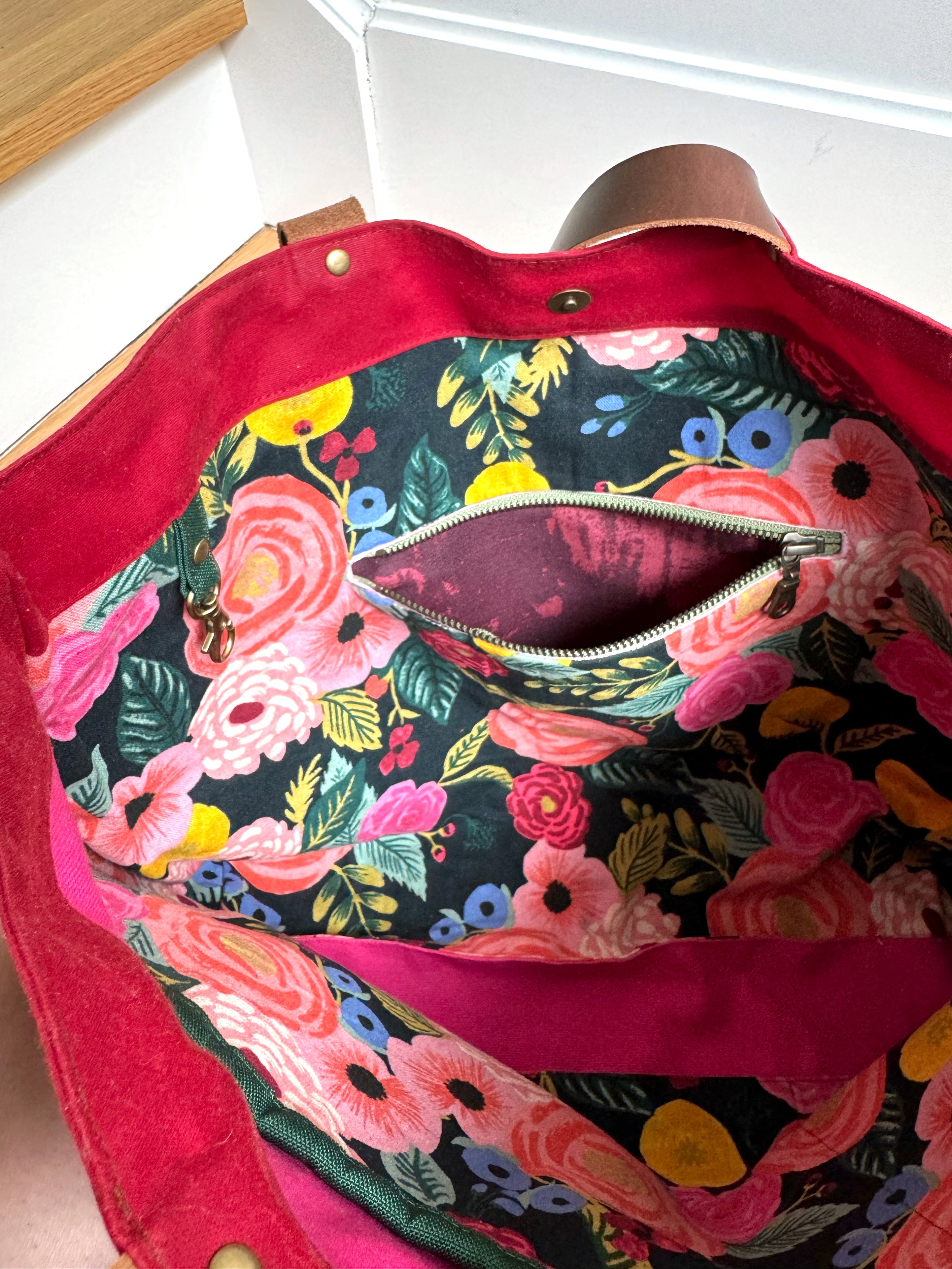 The Jody - Everyday Tote Bag in Red Canvas with Colorful Floral Lining - KrisChris