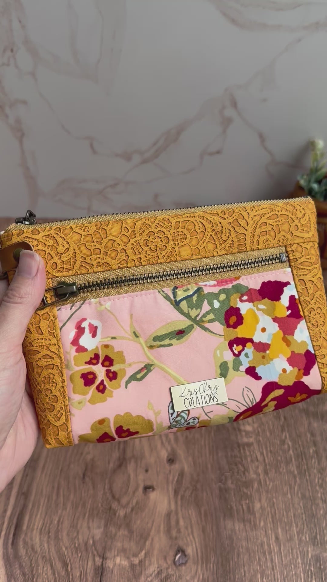 The Erin - Double Zippered Pouch in Yellow Lace Vinyl and Pink and Red Floral Cotton