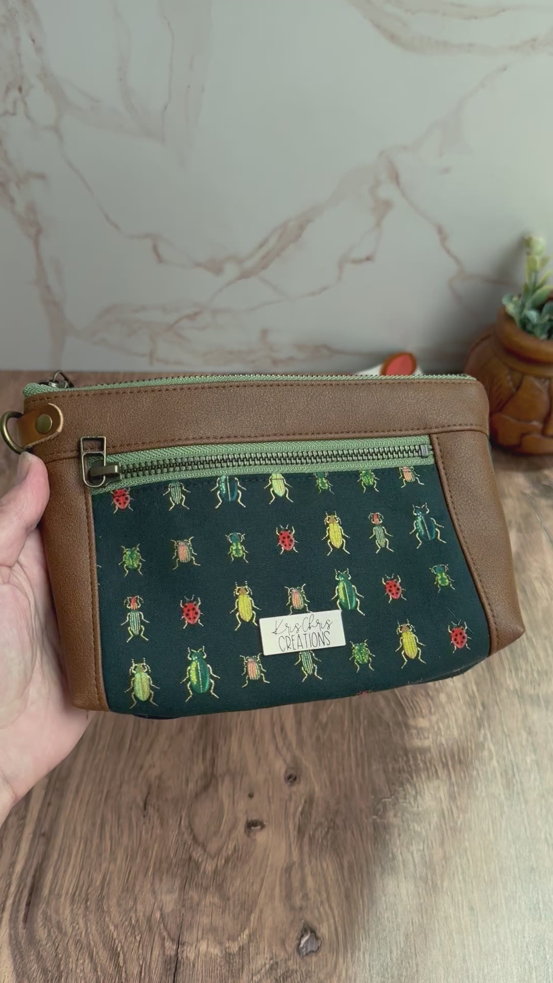 The Erin - Double Zippered Pouch in Tan Vegan Leather and Green Bug Fabric