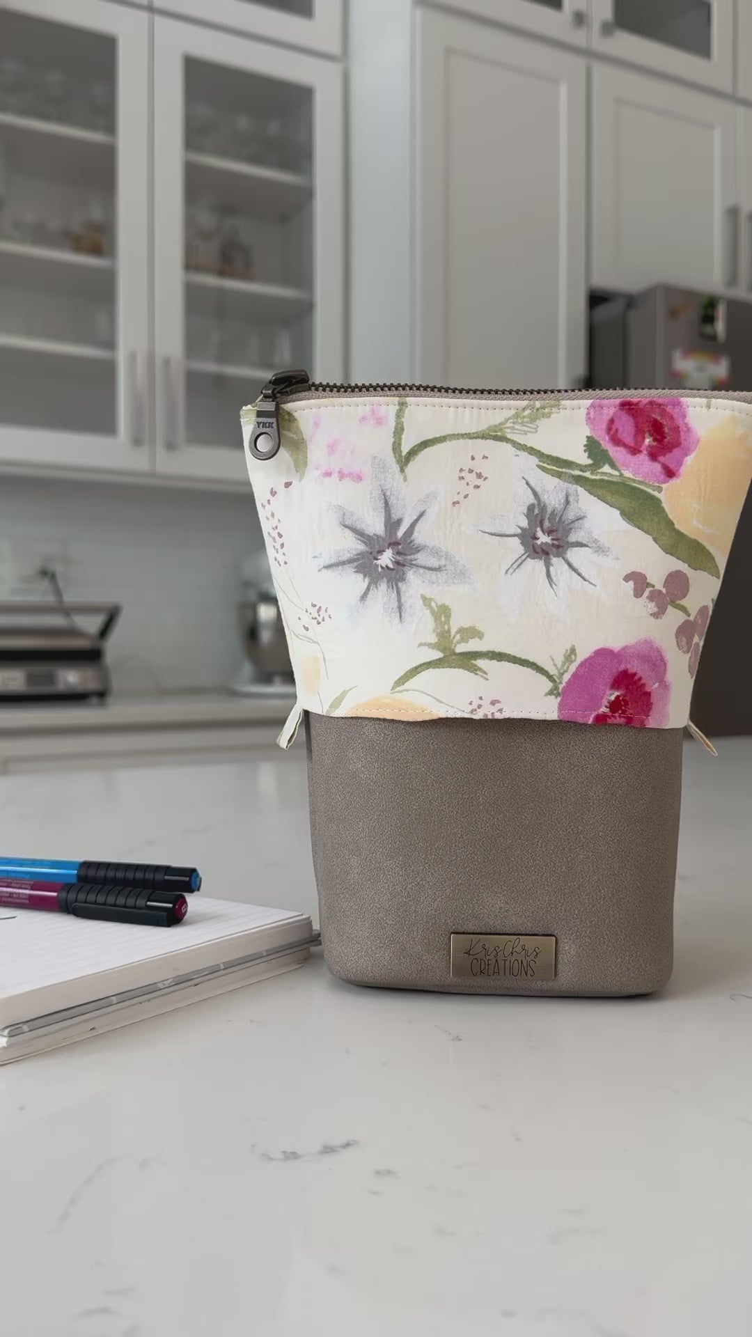 The Kate - Zipper Art Supply Pouch in Beige Vegan Leather and Japanese Watercolor Florals