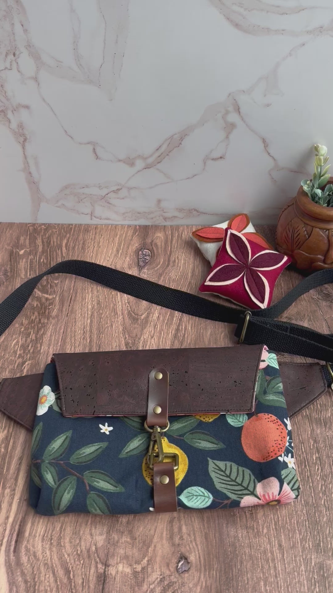 The Jenn - Adjustable Crossbody Belt Bag in Brown Cork and Citrus Florals