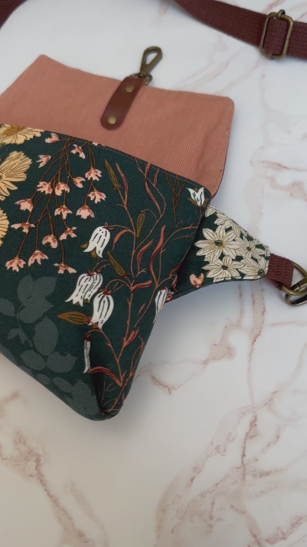 The Jenn - Adjustable Crossbody Belt Bag in Tan Vegan Leather and Green Florals