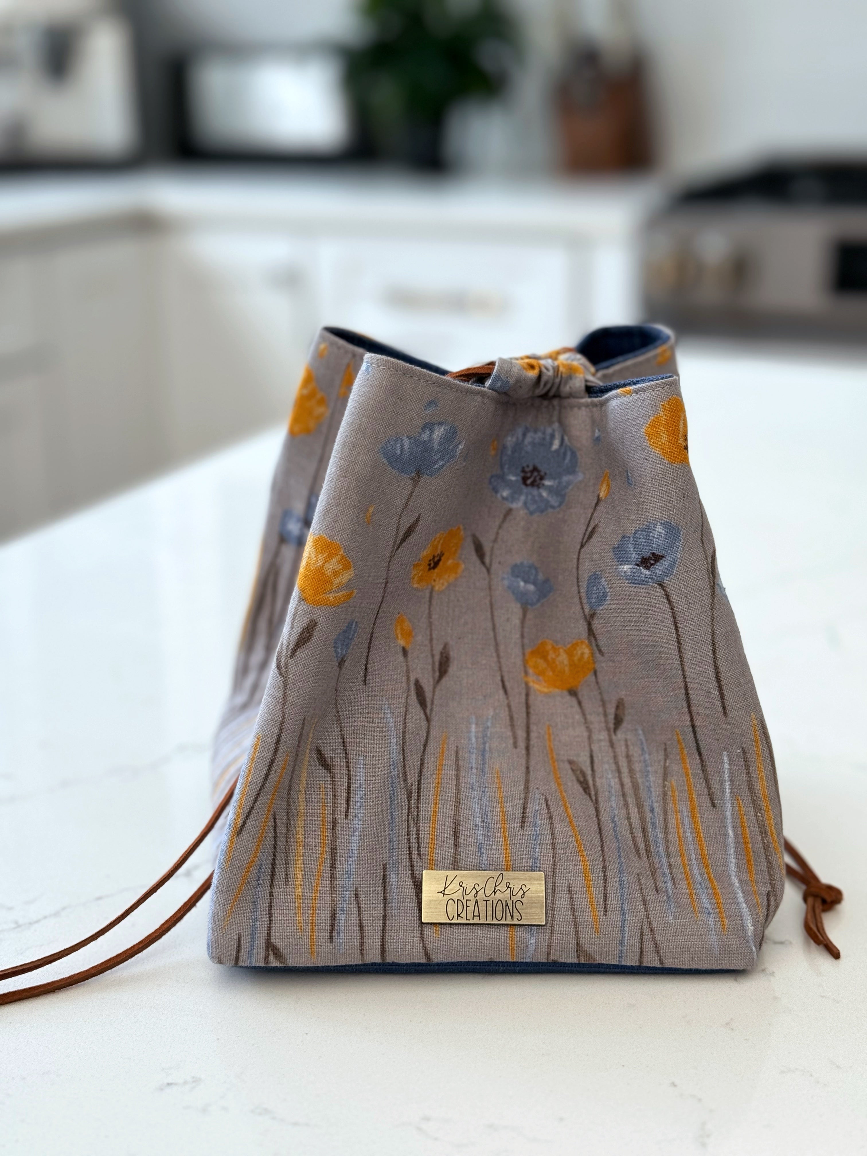 The Pat Pouch - Drawstring Bag in Japanese Linen - Blue and Yellow Poppies - KrisChris 