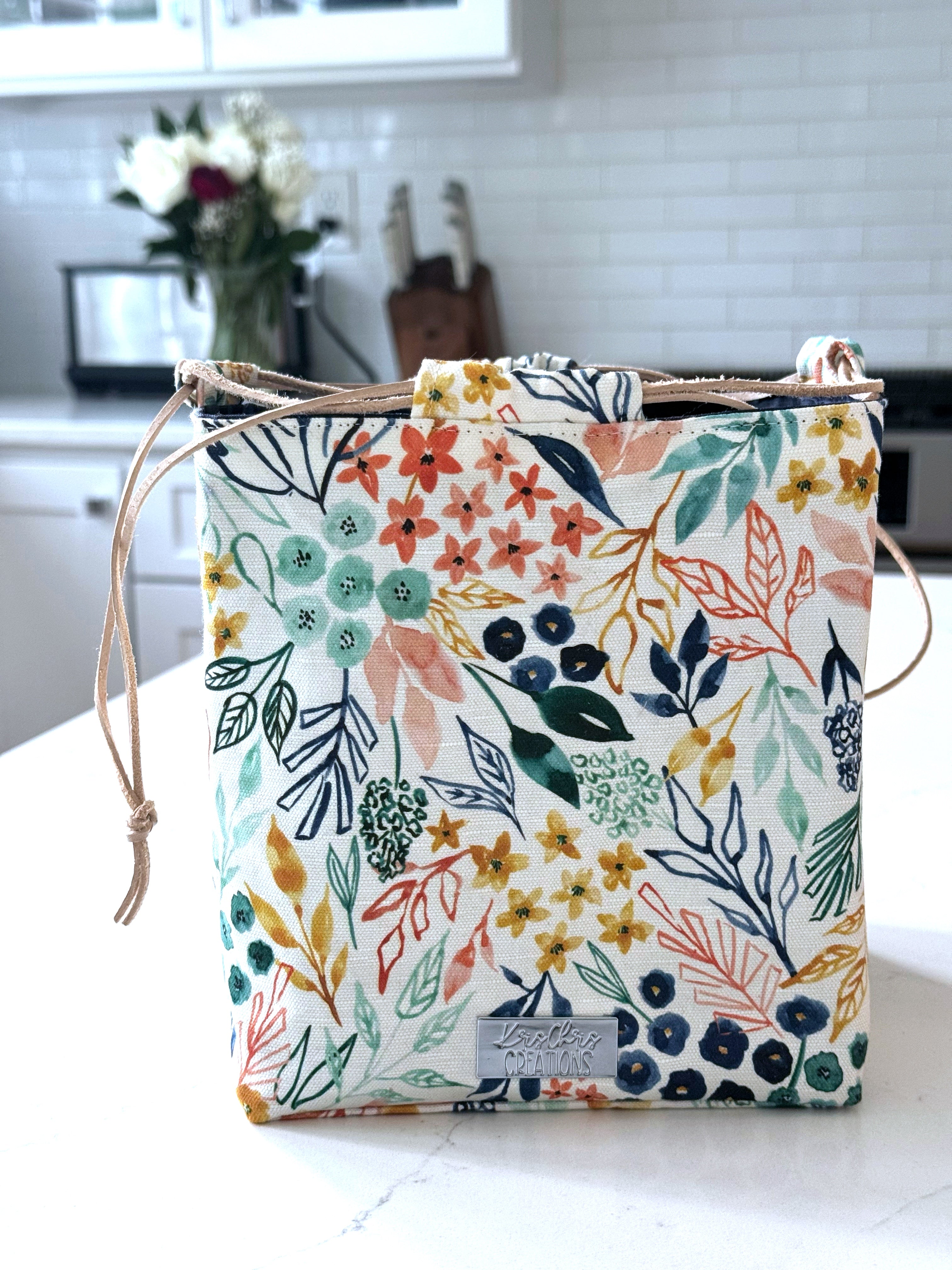 The Pat Pouch - Japanese Drawstring Bag in Colorful Floral Canvas and Navy Waxed Canvas Lining - KrisChris 