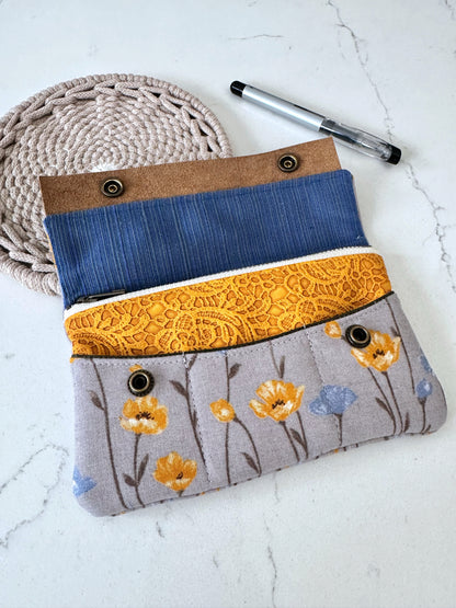 Fabric pouch with blue and yellow sections on a white surface