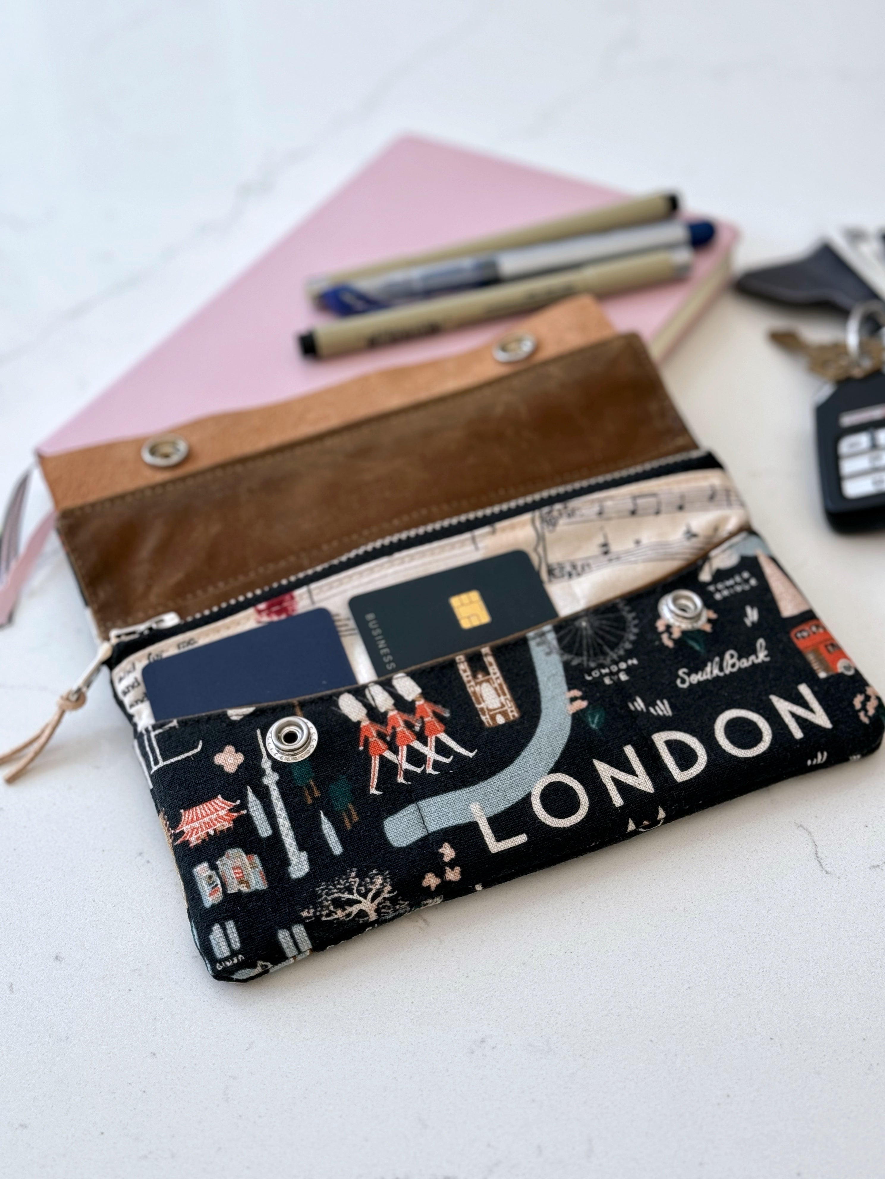 The Janet - Full Size Wallet in Black Canvas Travel Theme - London and New York - KrisChris 