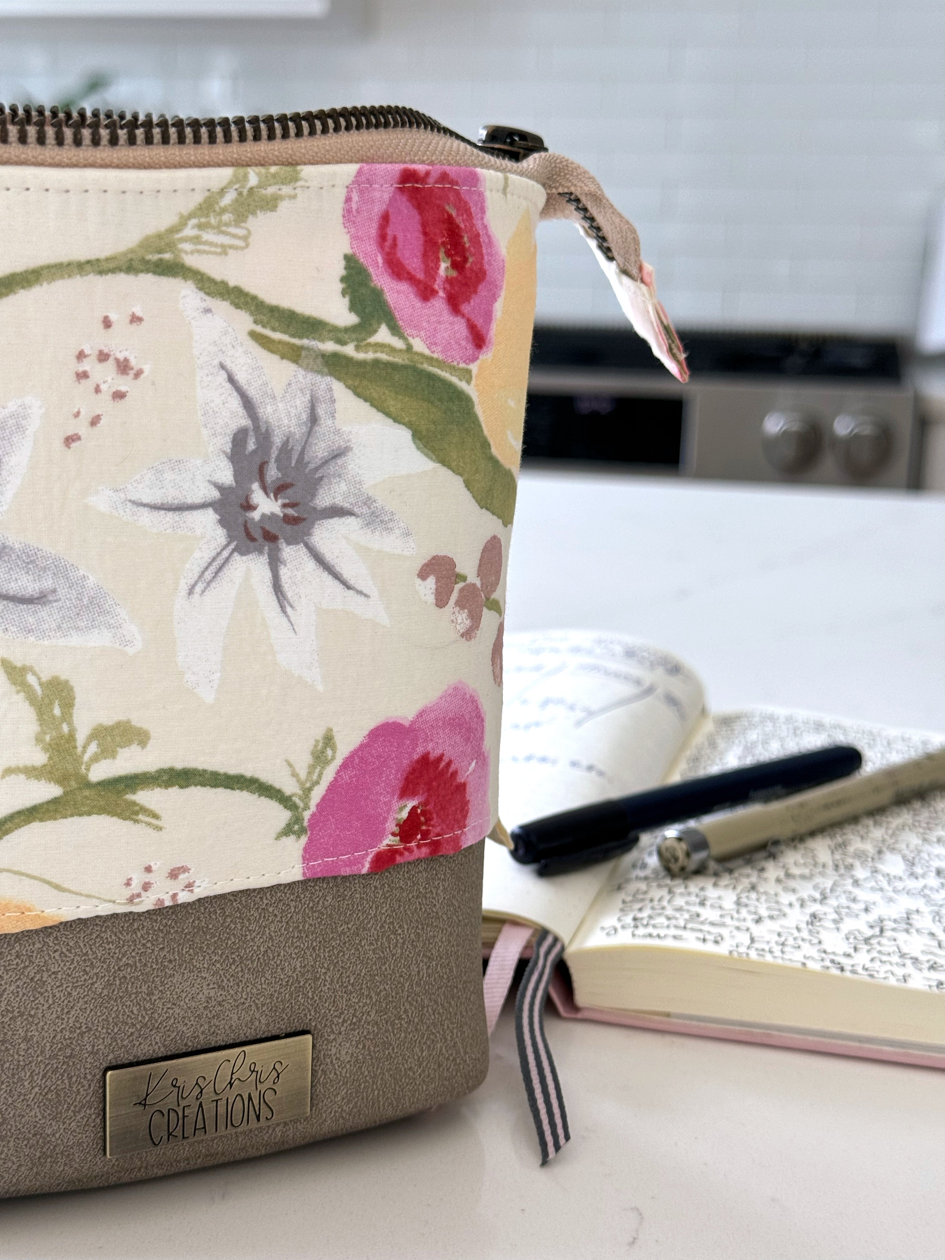 The Kate - Zipper Art Supply Pouch in Beige Vegan Leather and Japanese Watercolor Florals - KrisChris 