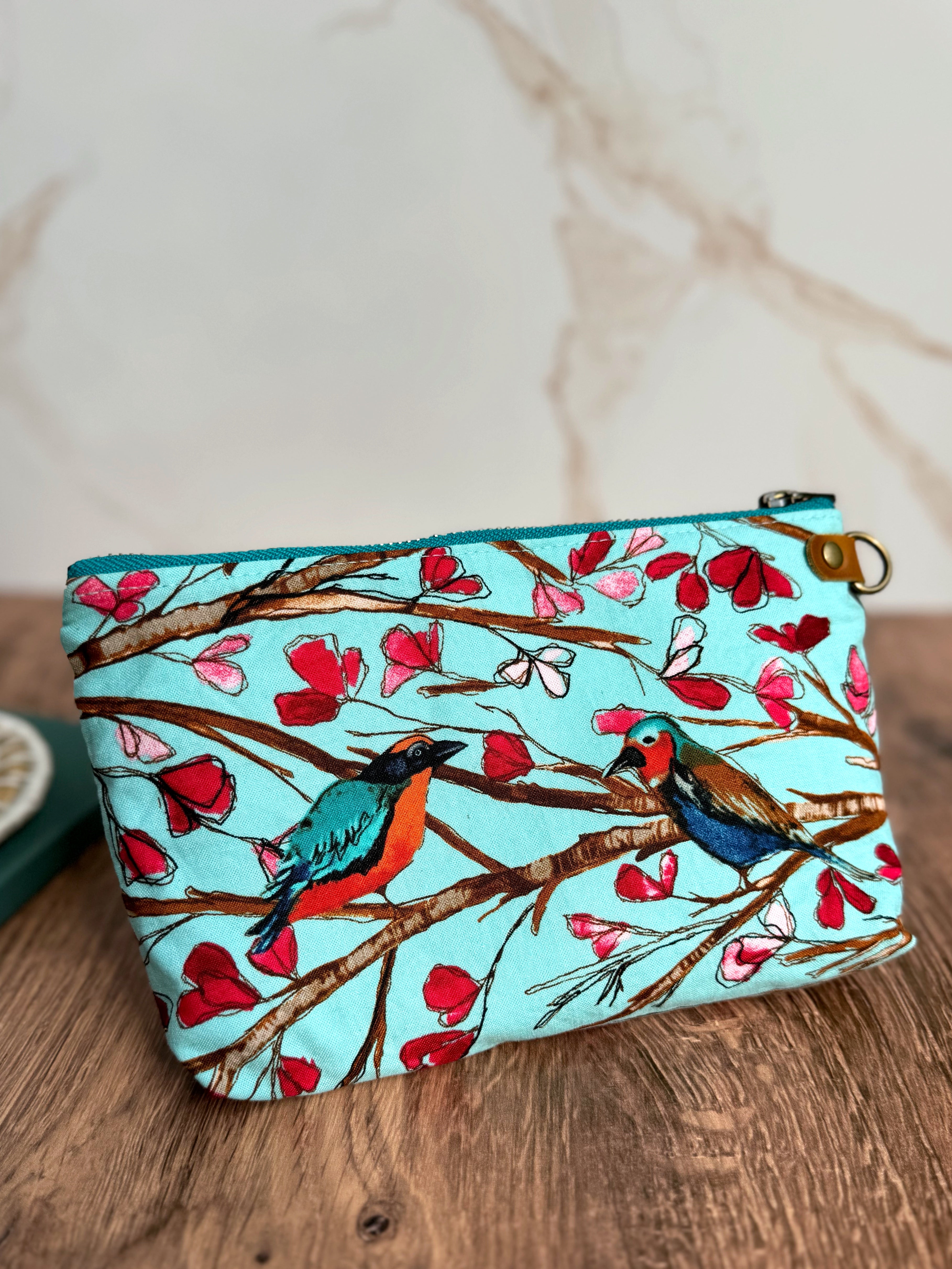 The Erin - Double Zippered Pouch in Red Waxed Canvas and Teal Fabric Featuring Birds - KrisChris 