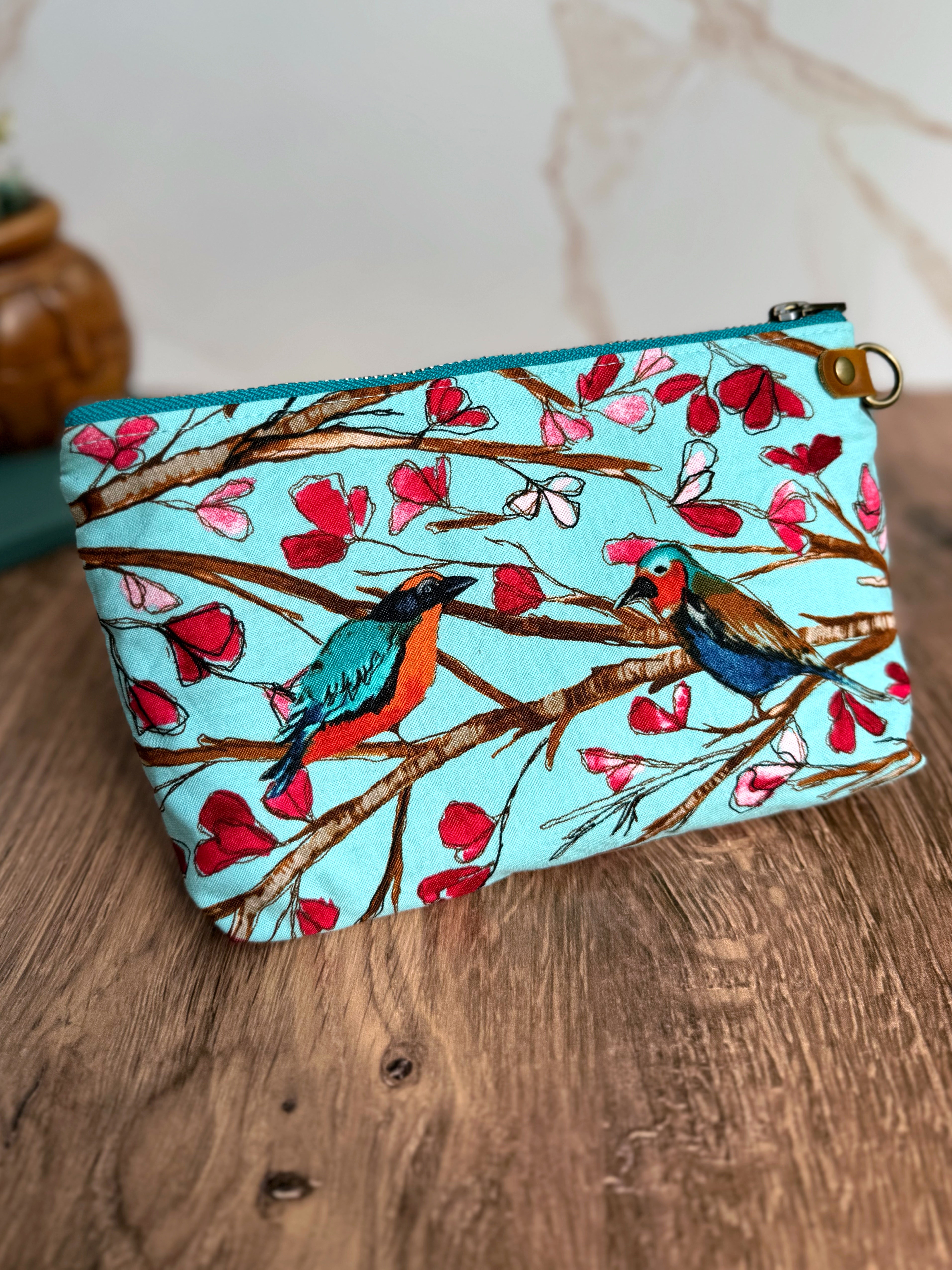 The Erin - Double Zippered Pouch in Red Waxed Canvas and Teal Fabric Featuring Birds - KrisChris 