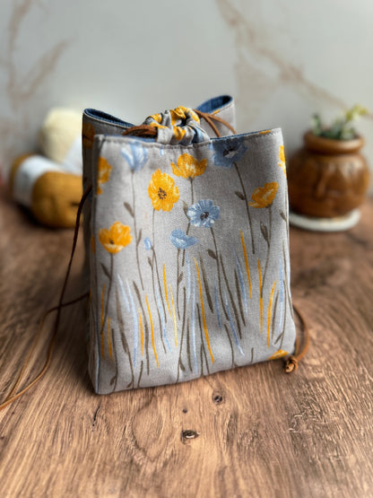 The Pat Pouch - Drawstring Bag in Japanese Linen - Blue and Yellow Poppies - KrisChris 