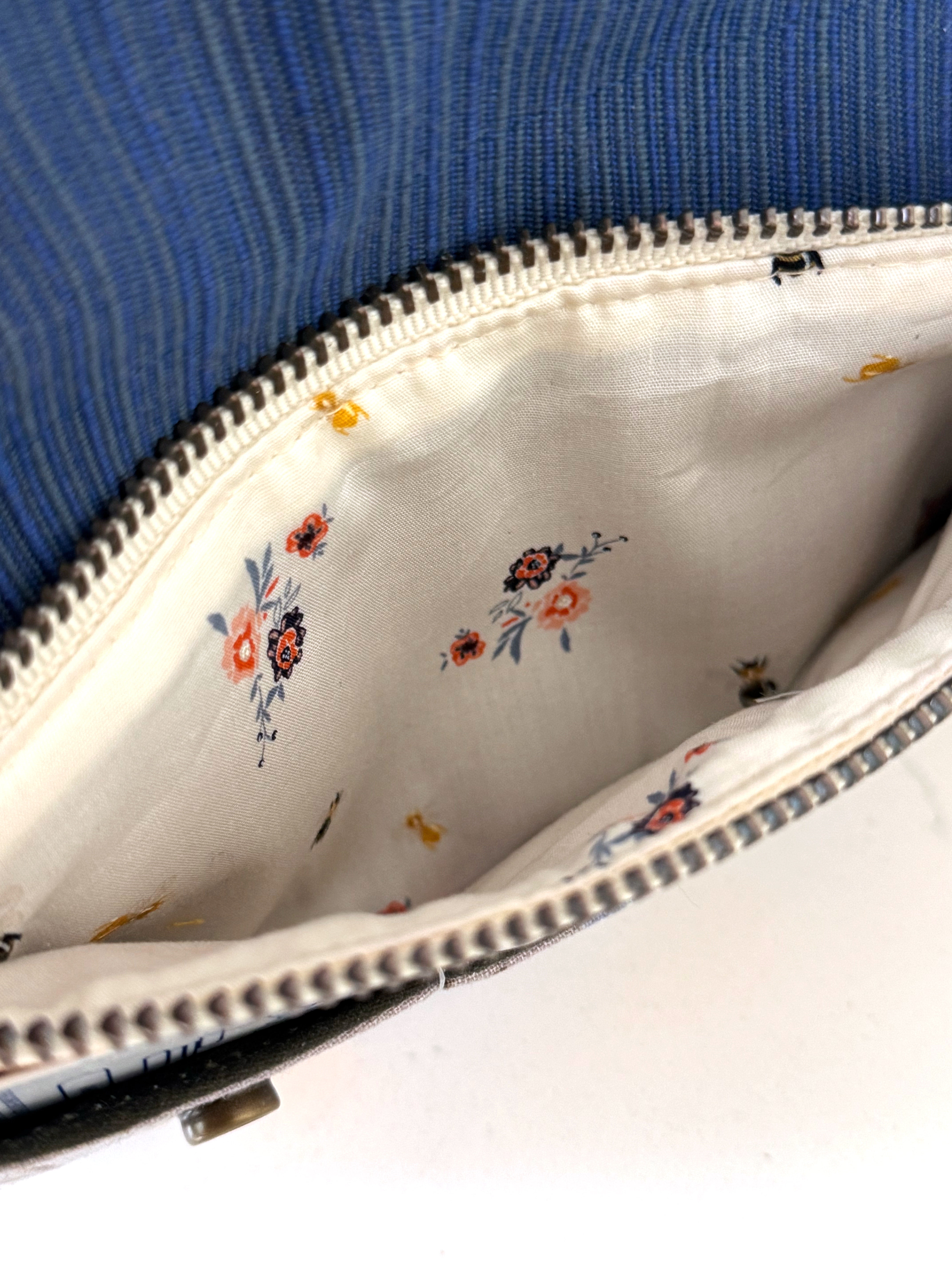 The Janet - Full Size Wallet in Grey Japanese Linen with Cheerful Yellow and Blue Poppies
