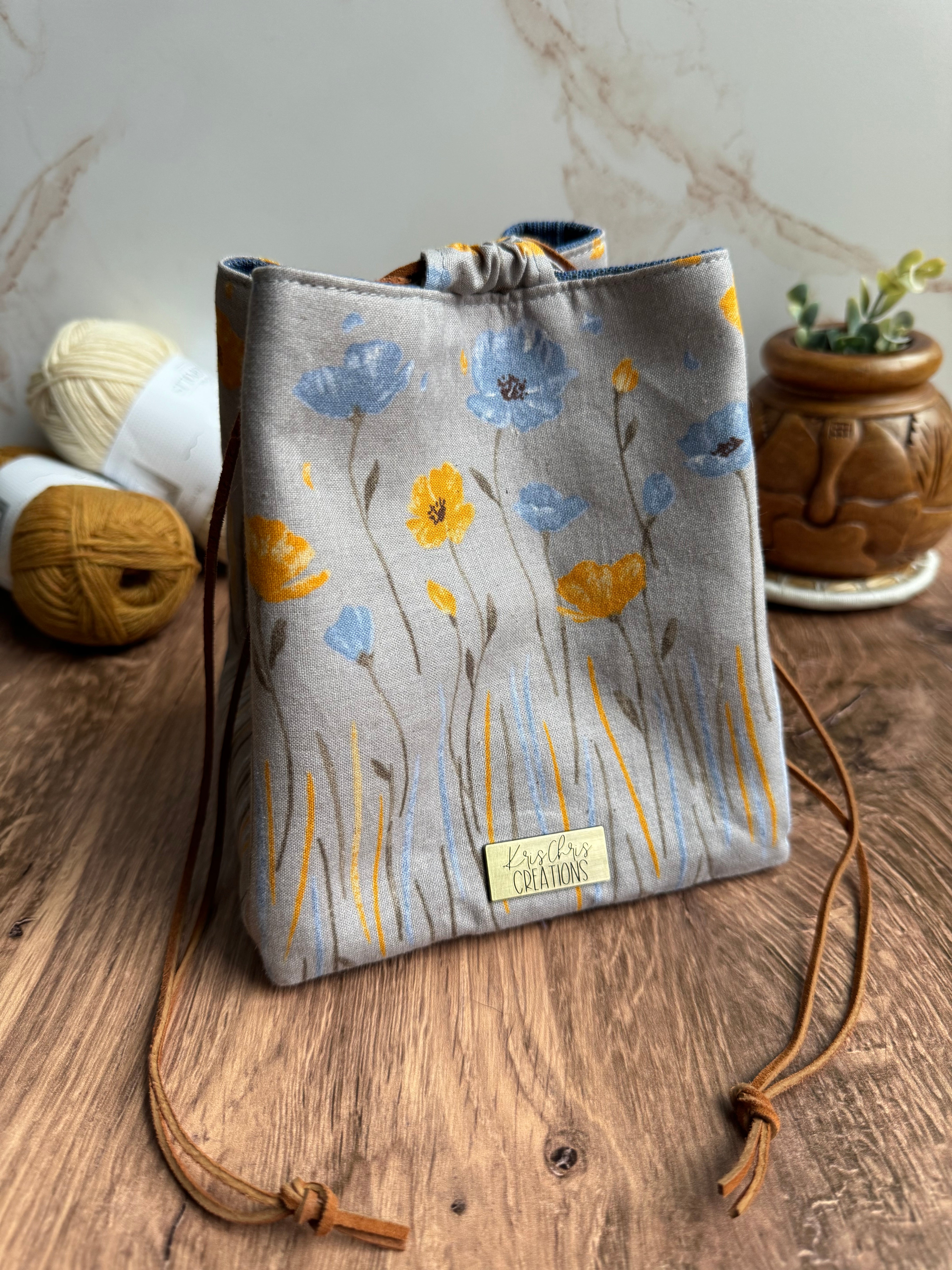 The Pat Pouch - Drawstring Bag in Japanese Linen - Blue and Yellow Poppies - KrisChris 