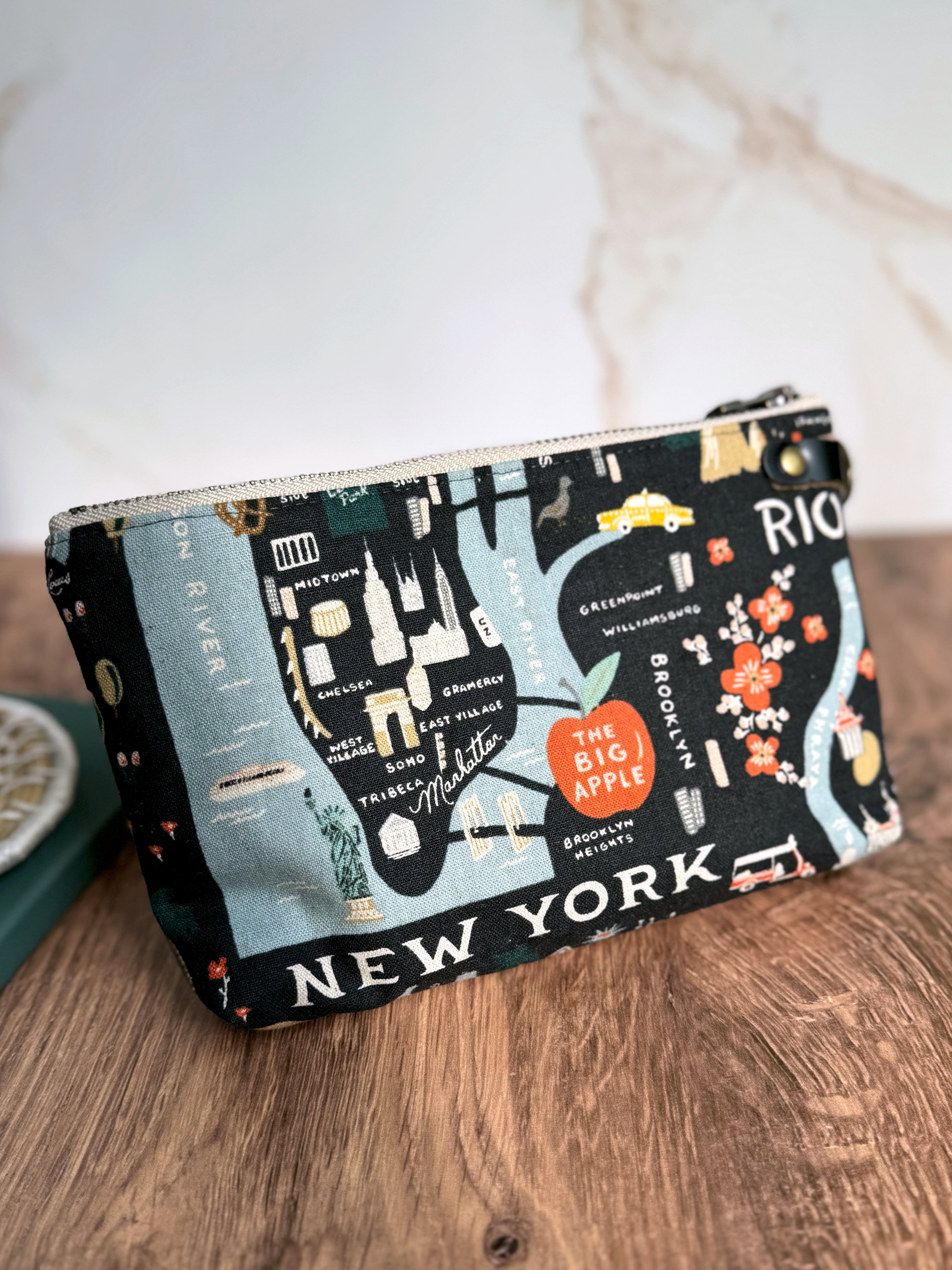 The Erin - Double Zippered Pouch in Red Lace Vinyl and Map Fabric for a Travel Lover - KrisChris 