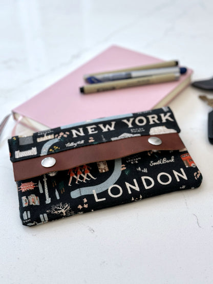 The Janet - Full Size Wallet in Black Canvas Travel Theme - London and New York - KrisChris 