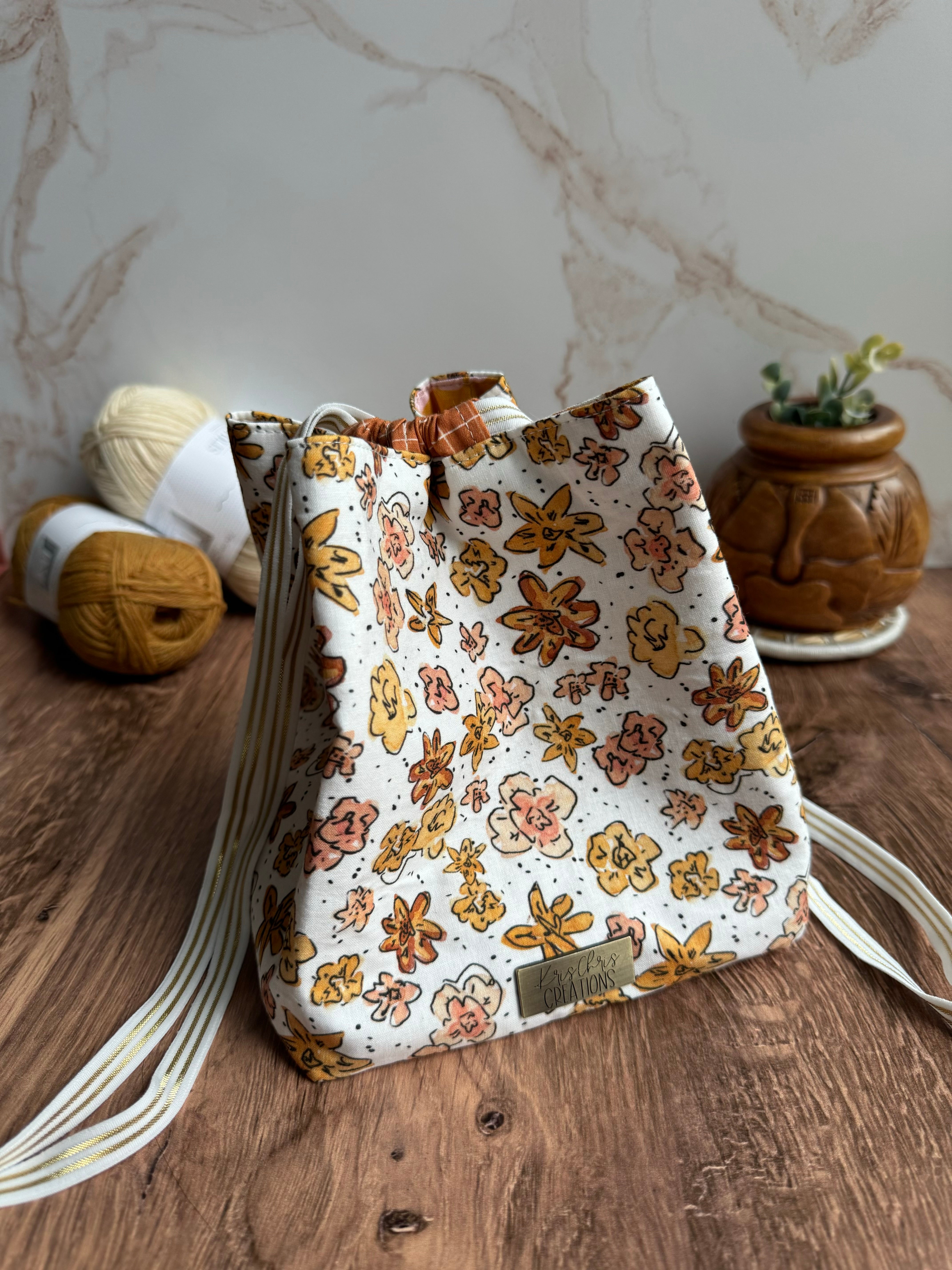 The Pat Pouch - Japanese Drawstring Bag in White and Orange Floral Cotton - KrisChris 