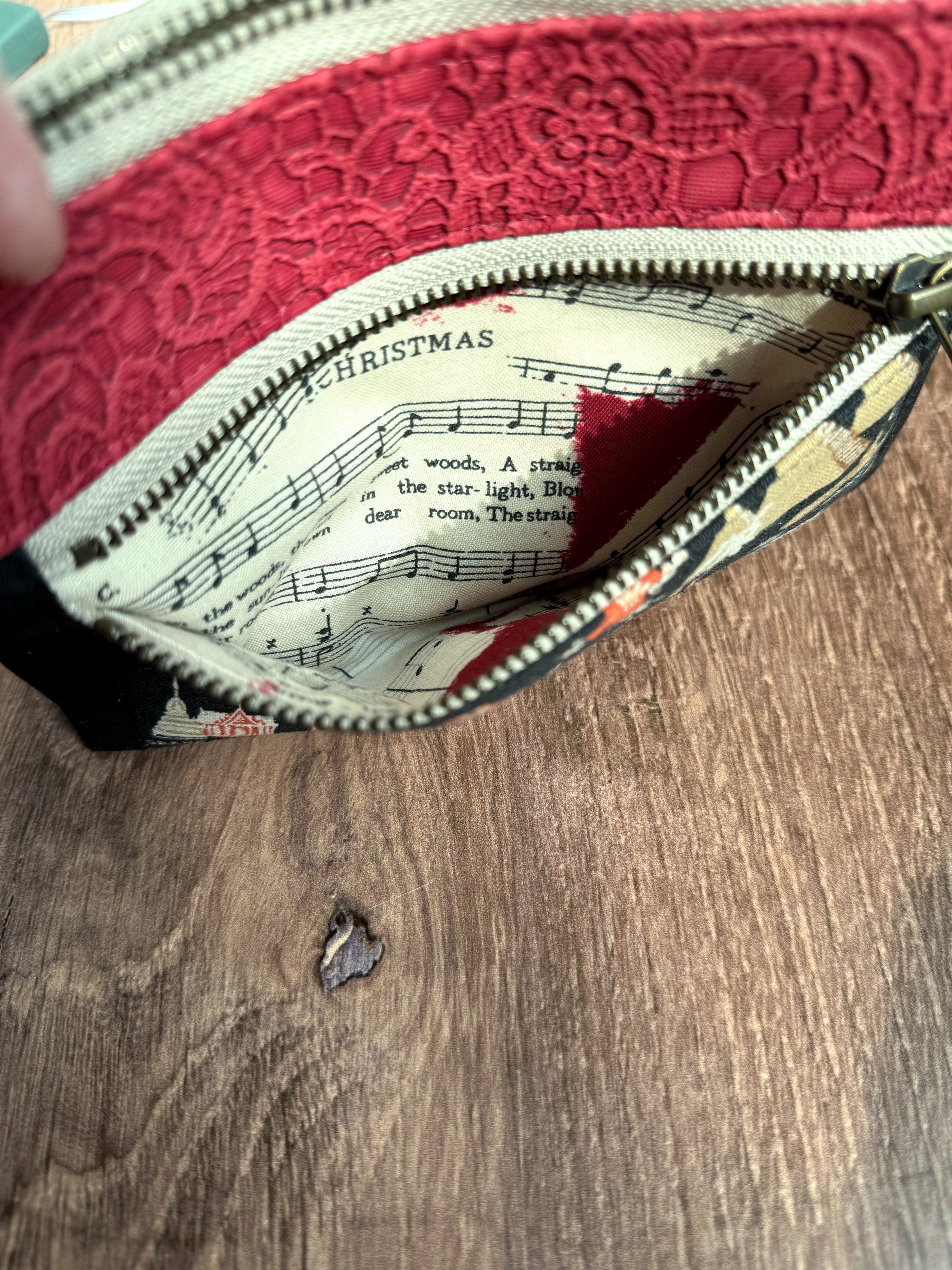 The Erin - Double Zippered Pouch in Red Lace Vinyl and Map Fabric for a Travel Lover - KrisChris 