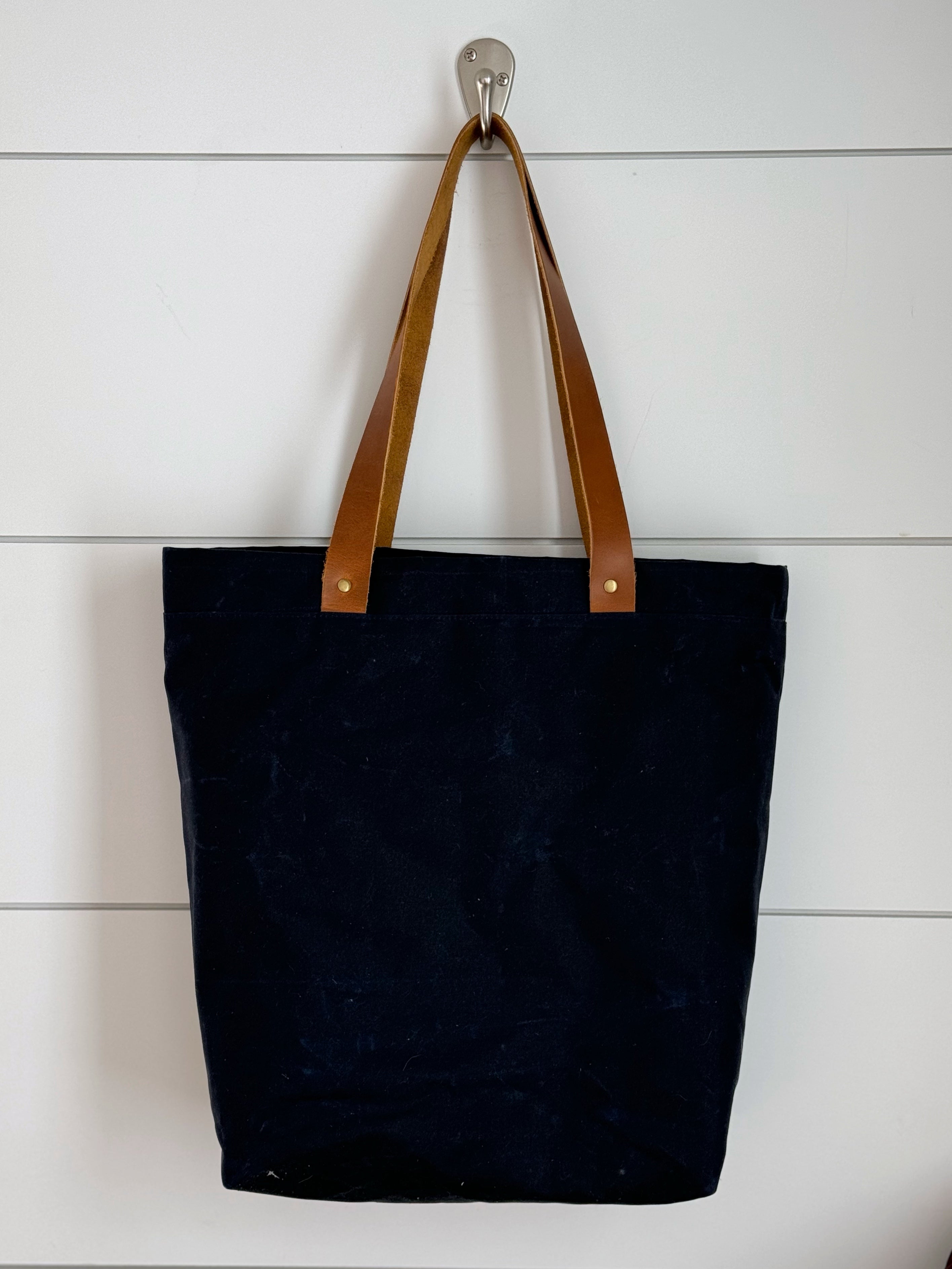 The Kristen - Project Tote Bag in Navy Waxed Canvas and Colorful Floral Fabric - KrisChris 