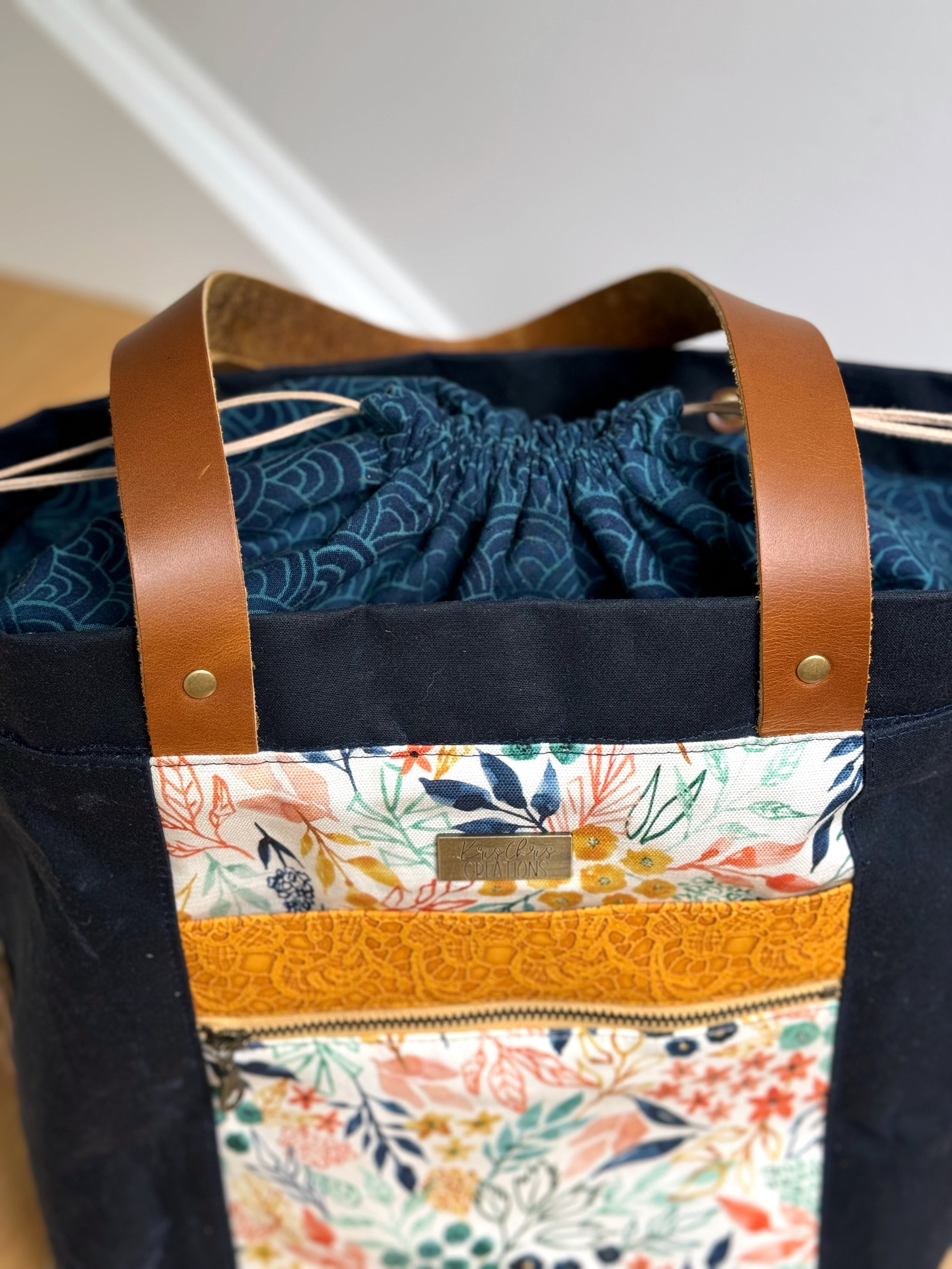 Brown Waxed Canvas Floral Tote Project Bag with Cute Drawstring Closure and Leather Straps, Perfect to Carry Knitting and Crochet orders Projects