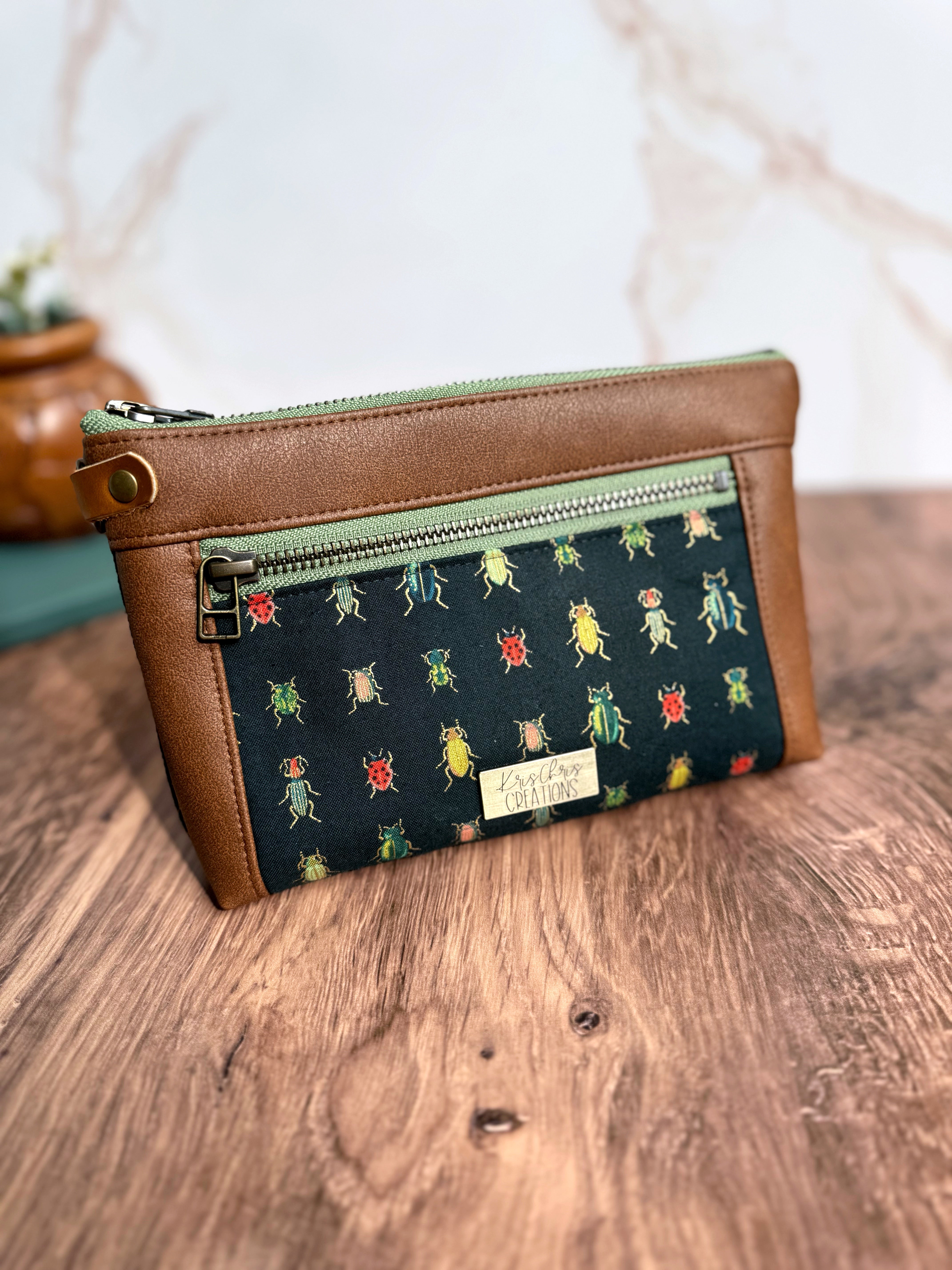 The Erin - Double Zippered Pouch in Tan Vegan Leather and Green Bug Fabric - KrisChris 