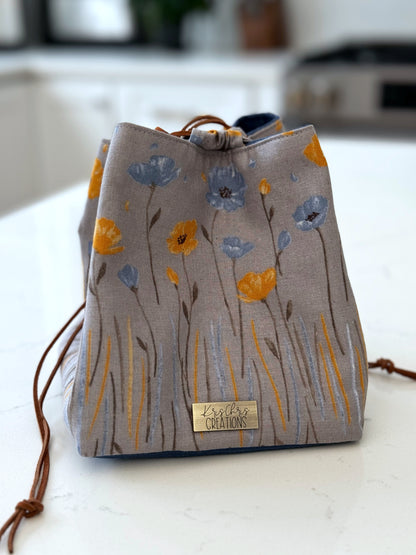 The Pat Pouch - Drawstring Bag in Japanese Linen - Blue and Yellow Poppies - KrisChris 