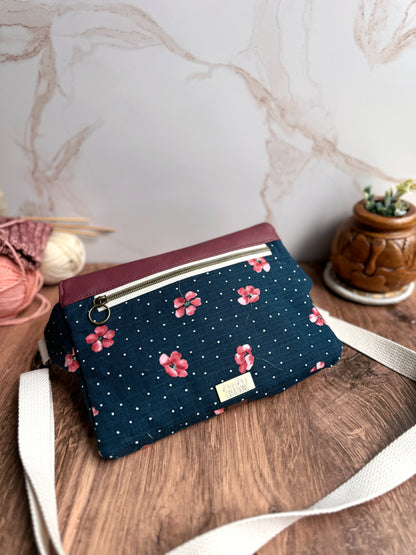 The Jenn - Adjustable Crossbody Belt Bag in Vegan Leather and Navy Dotted Nasturtium Fabric - KrisChris 