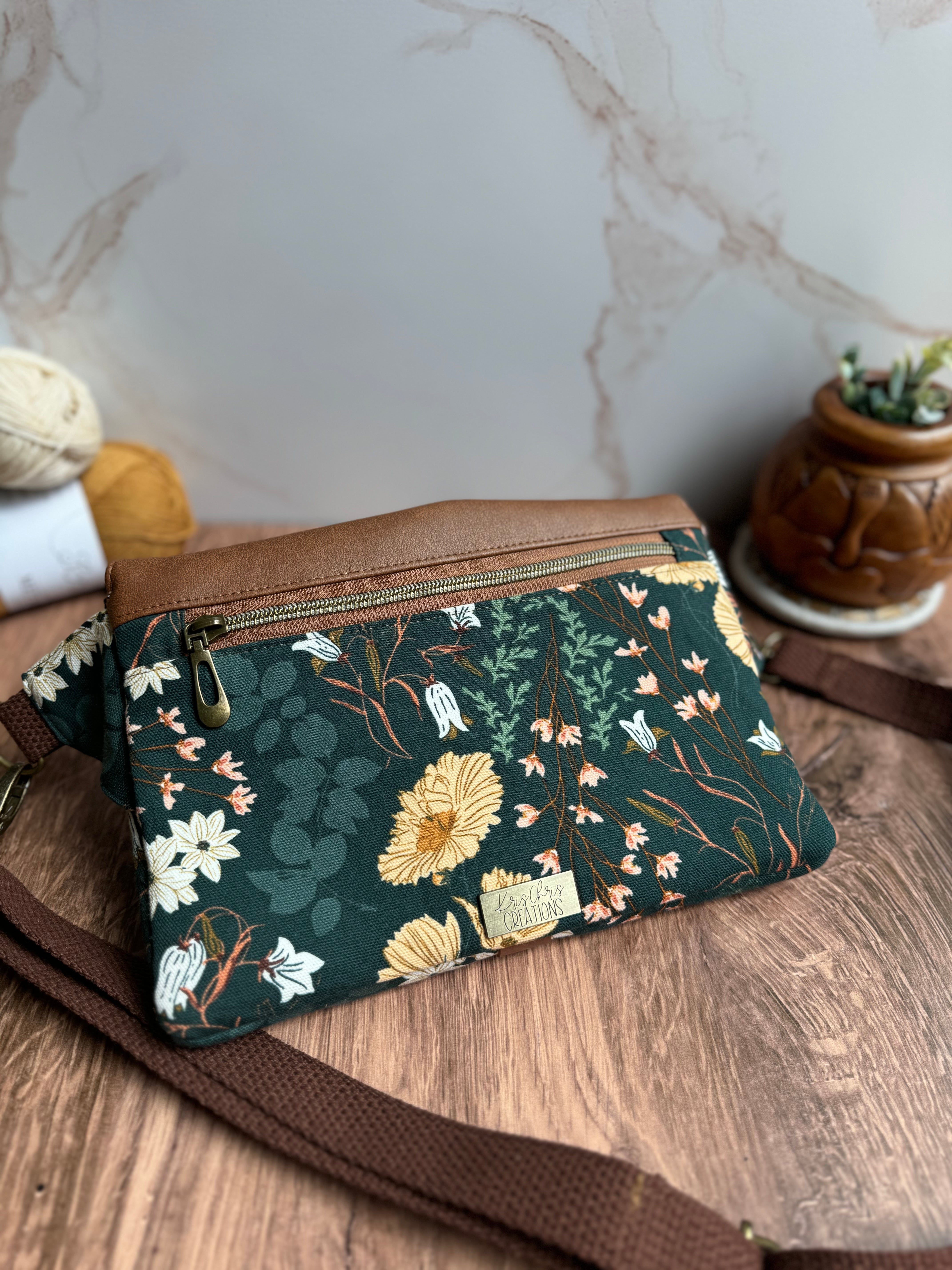 The Jenn - Adjustable Crossbody Belt Bag in Tan Vegan Leather and Green Florals - KrisChris 